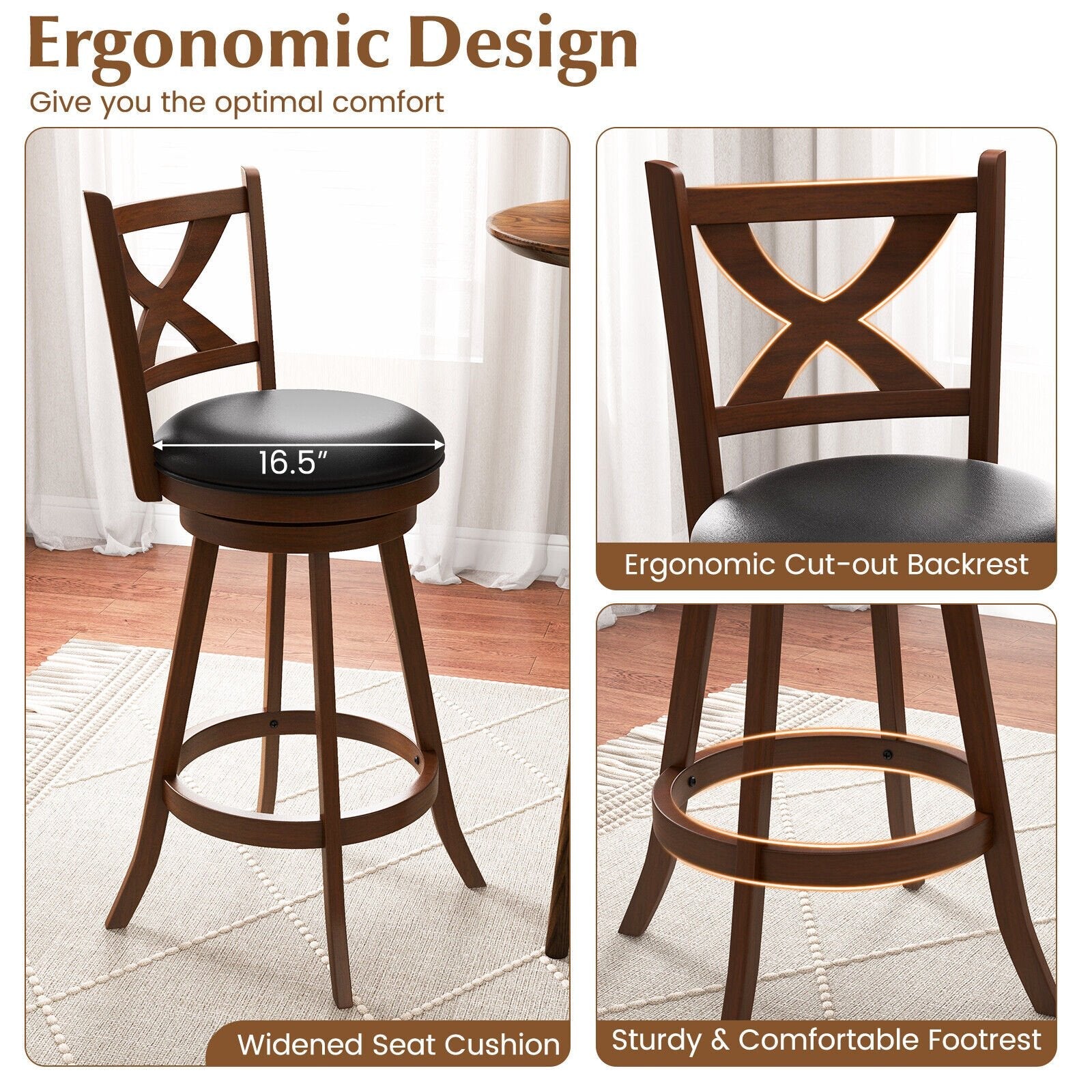 2 Pieces Classic Counter Height Swivel Bar Stool Set with X-shaped Open Back-L, Brown Bar Stools   at Gallery Canada