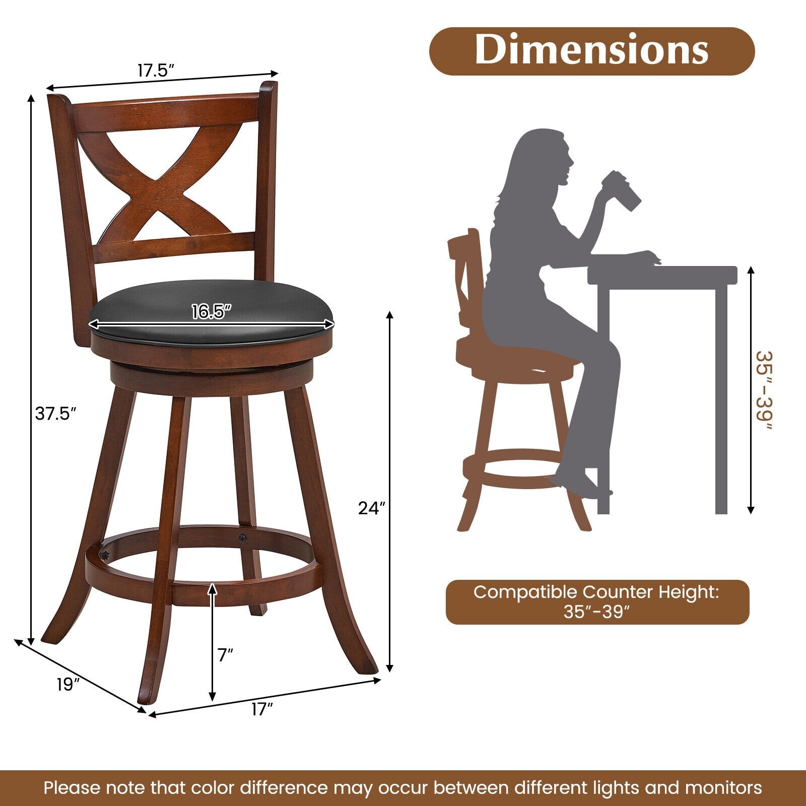 2 Pieces Classic Counter Height Swivel Bar Stool Set with X-shaped Open Back-M, Brown Bar Stools   at Gallery Canada