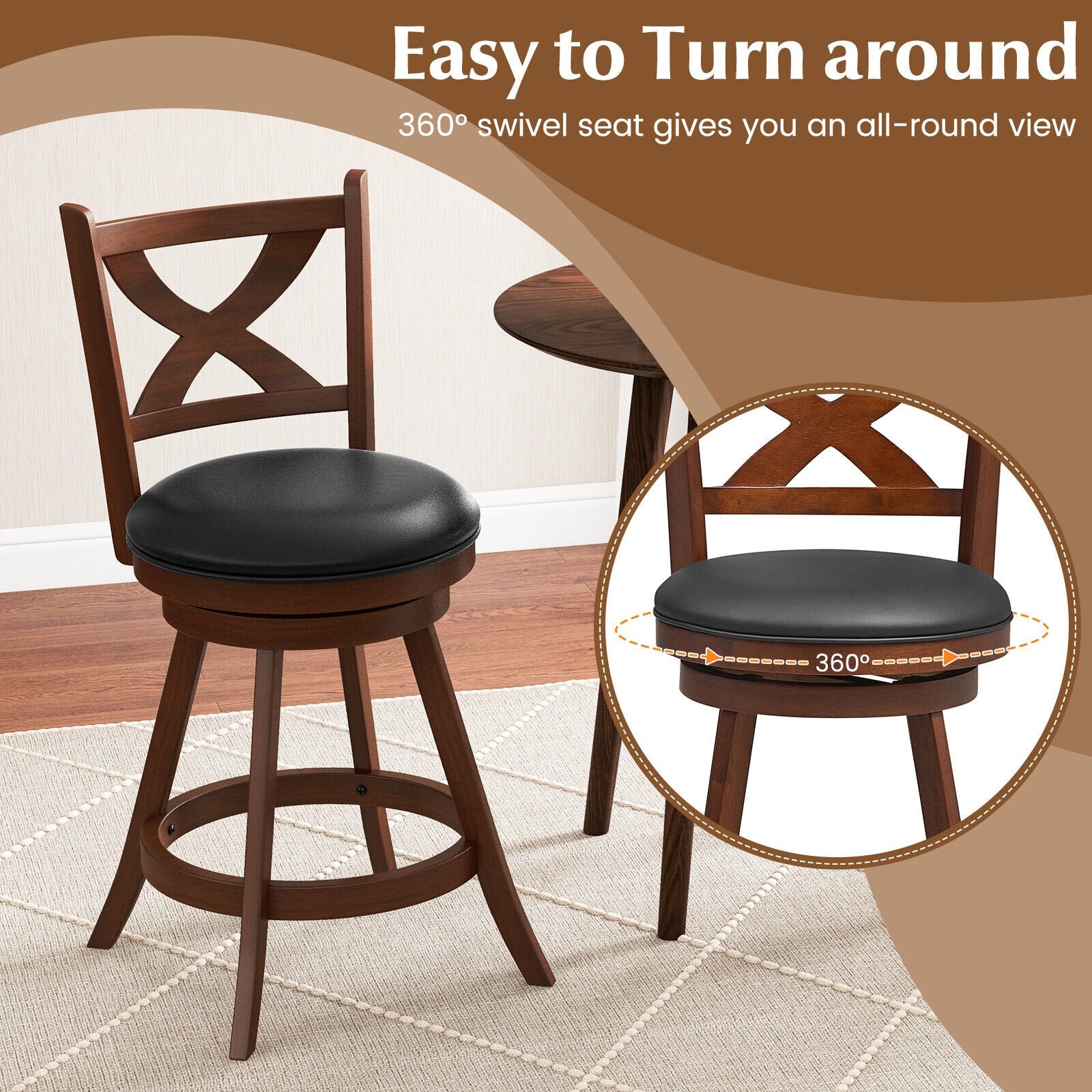 2 Pieces Classic Counter Height Swivel Bar Stool Set with X-shaped Open Back-M, Brown Bar Stools   at Gallery Canada