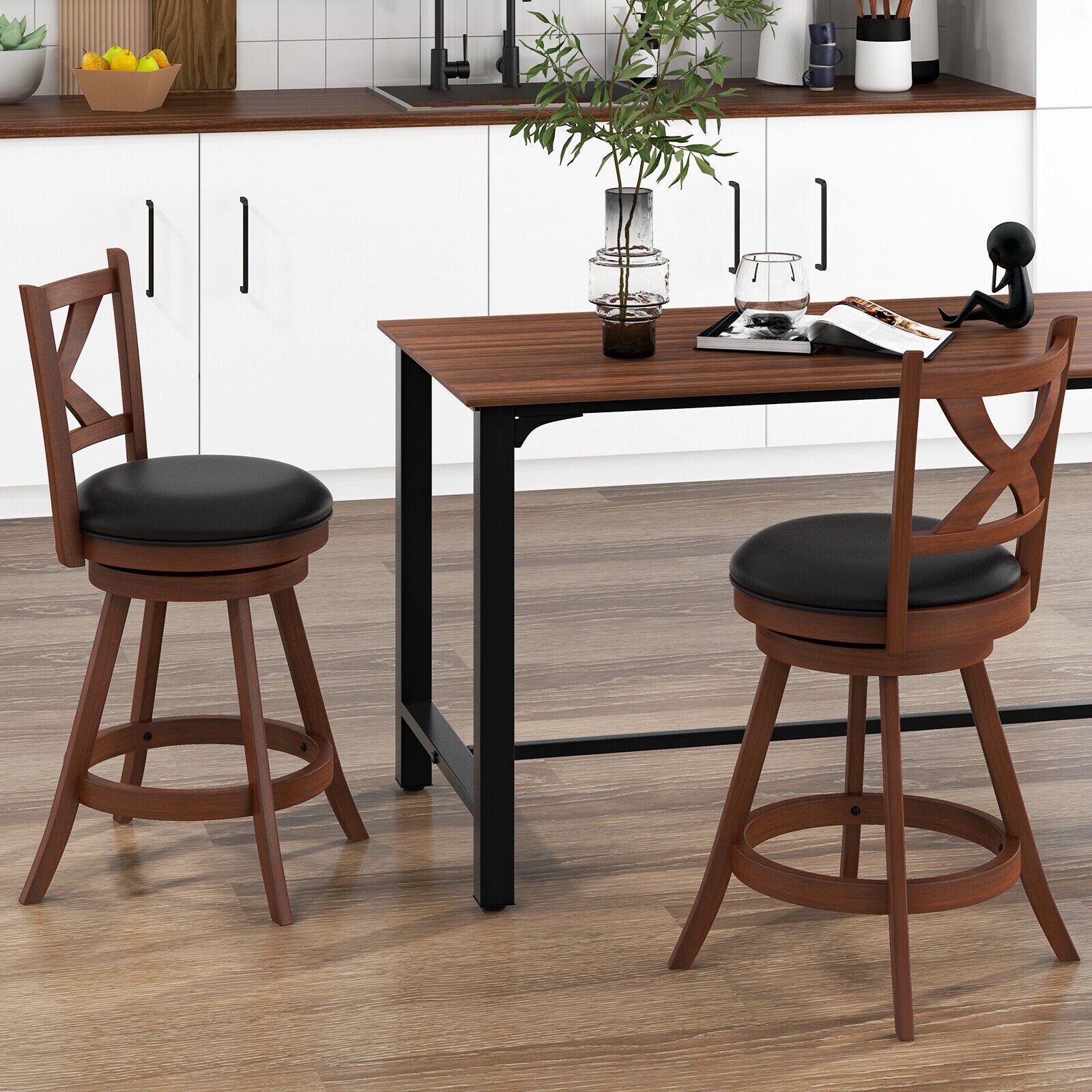 2 Pieces Classic Counter Height Swivel Bar Stool Set with X-shaped Open Back-M, Brown Bar Stools   at Gallery Canada