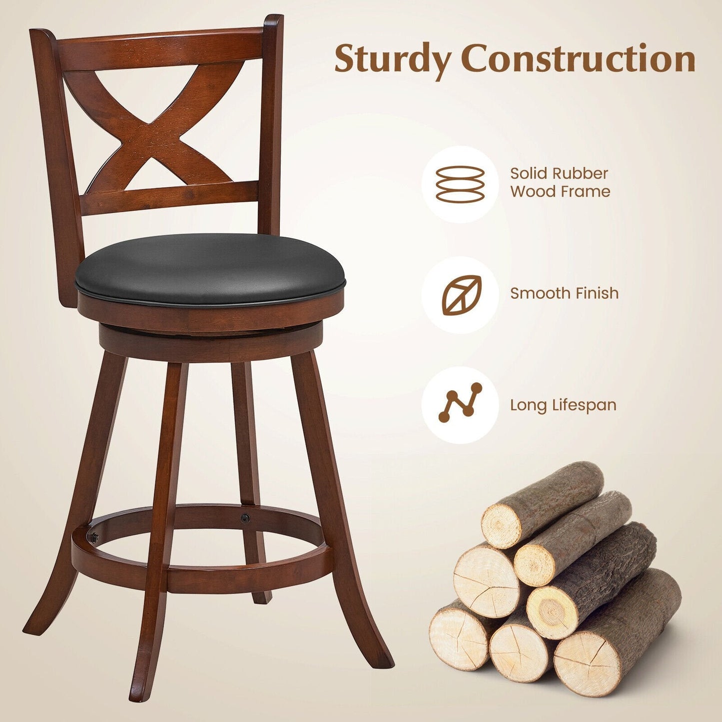 2 Pieces Classic Counter Height Swivel Bar Stool Set with X-shaped Open Back-M, Brown Bar Stools   at Gallery Canada