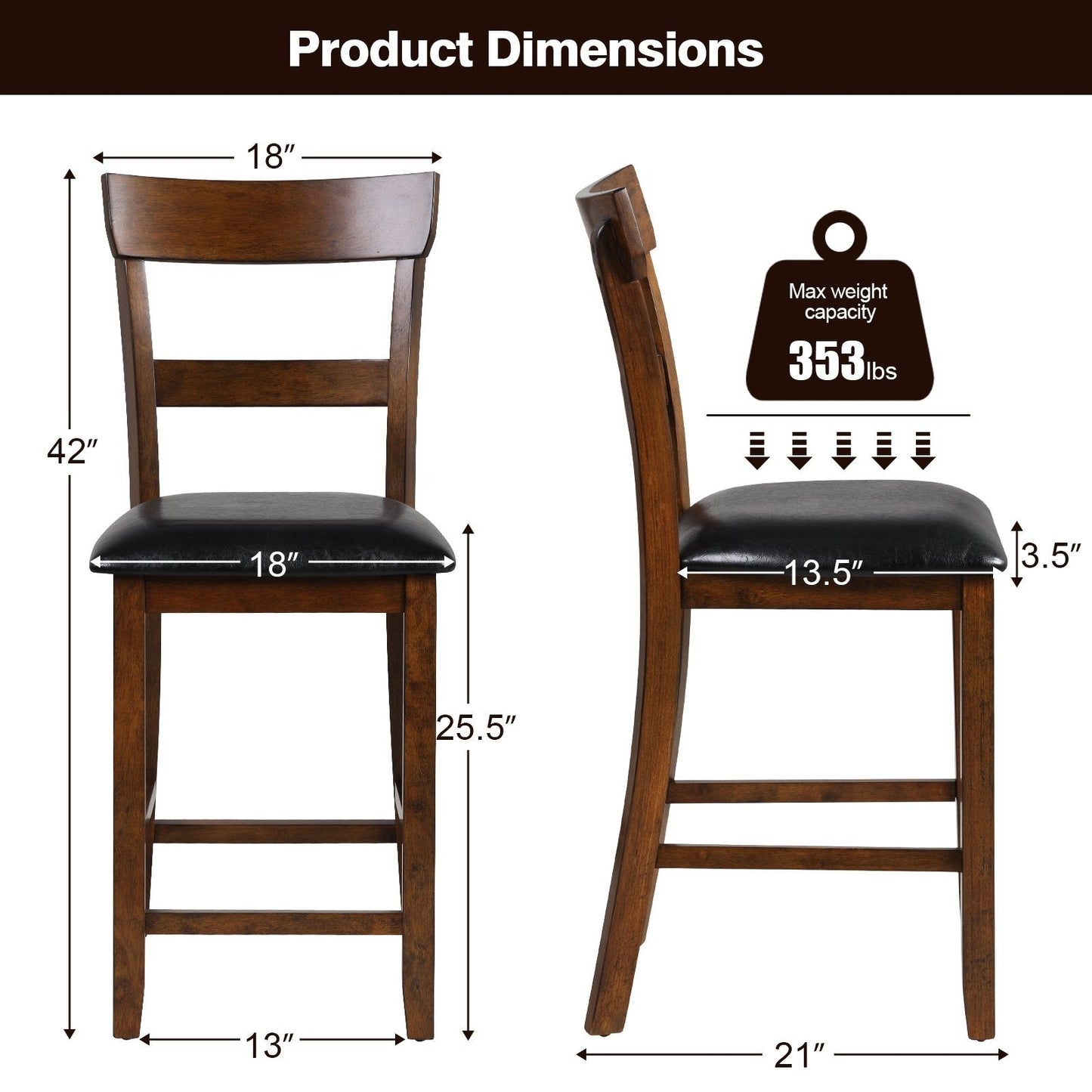 2 Pieces Counter Height Chair Set with Leather Seat and Rubber Wood Legs, Brown Bar Stools   at Gallery Canada