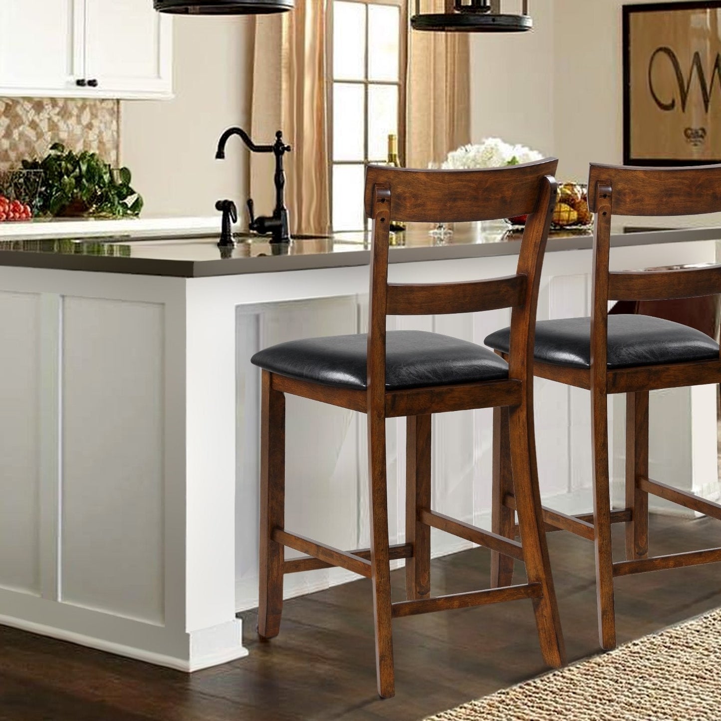 2 Pieces Counter Height Chair Set with Leather Seat and Rubber Wood Legs, Brown Bar Stools   at Gallery Canada