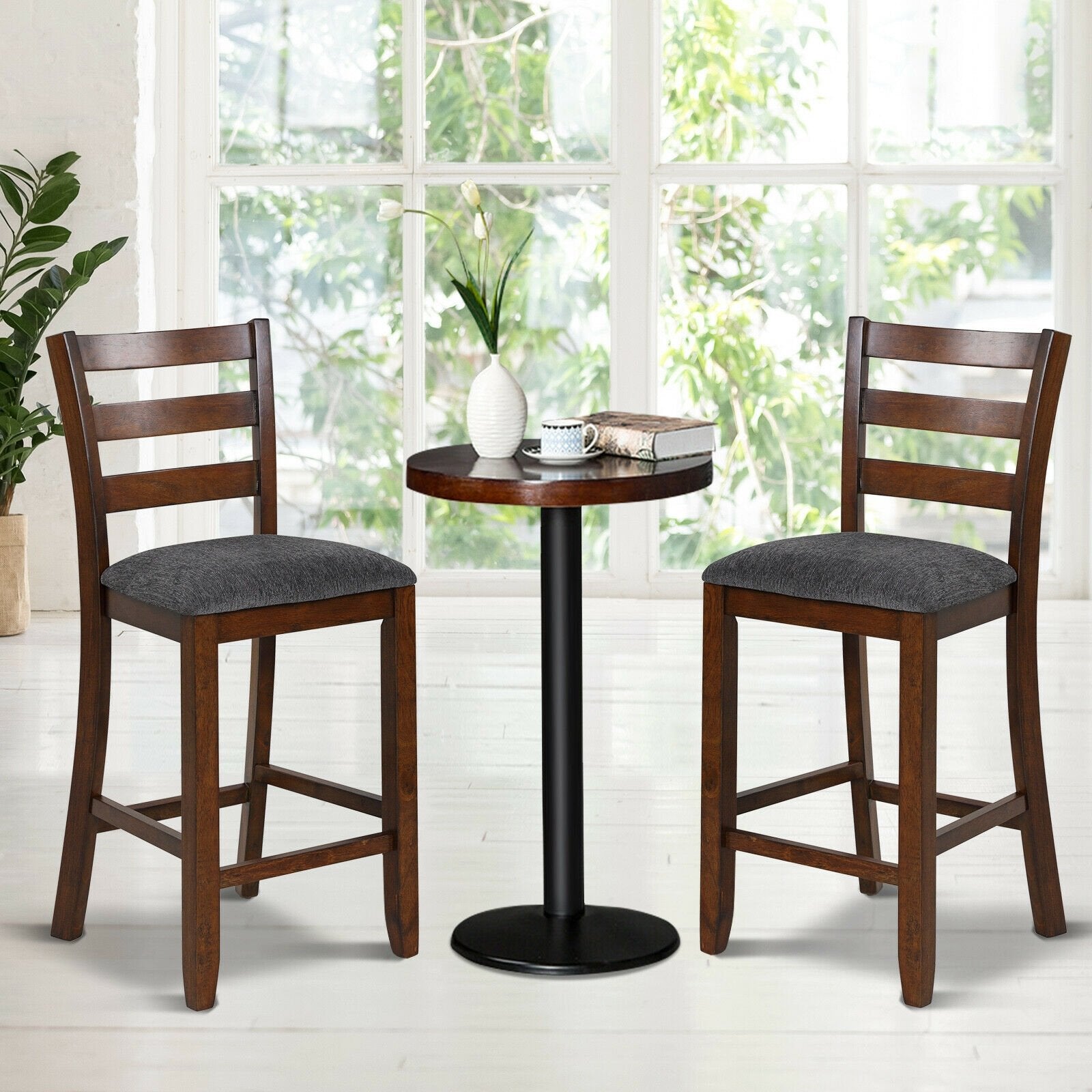 2 Pieces Counter Height Chairs with Fabric Seat and Rubber Wood Legs, Brown Bar Stools   at Gallery Canada