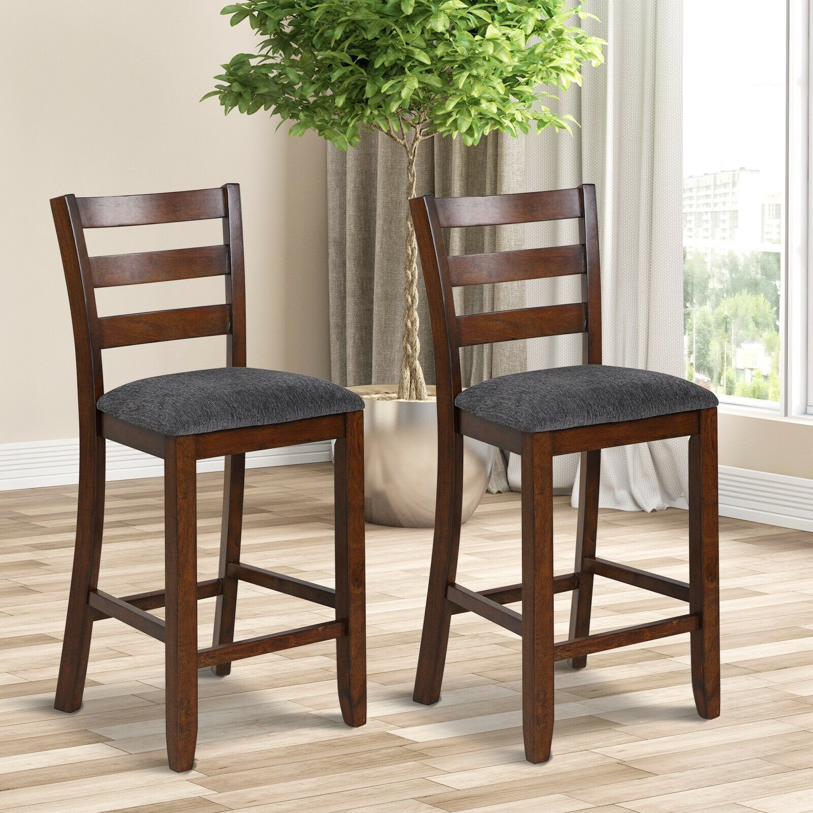 2 Pieces Counter Height Chairs with Fabric Seat and Rubber Wood Legs, Brown Bar Stools   at Gallery Canada