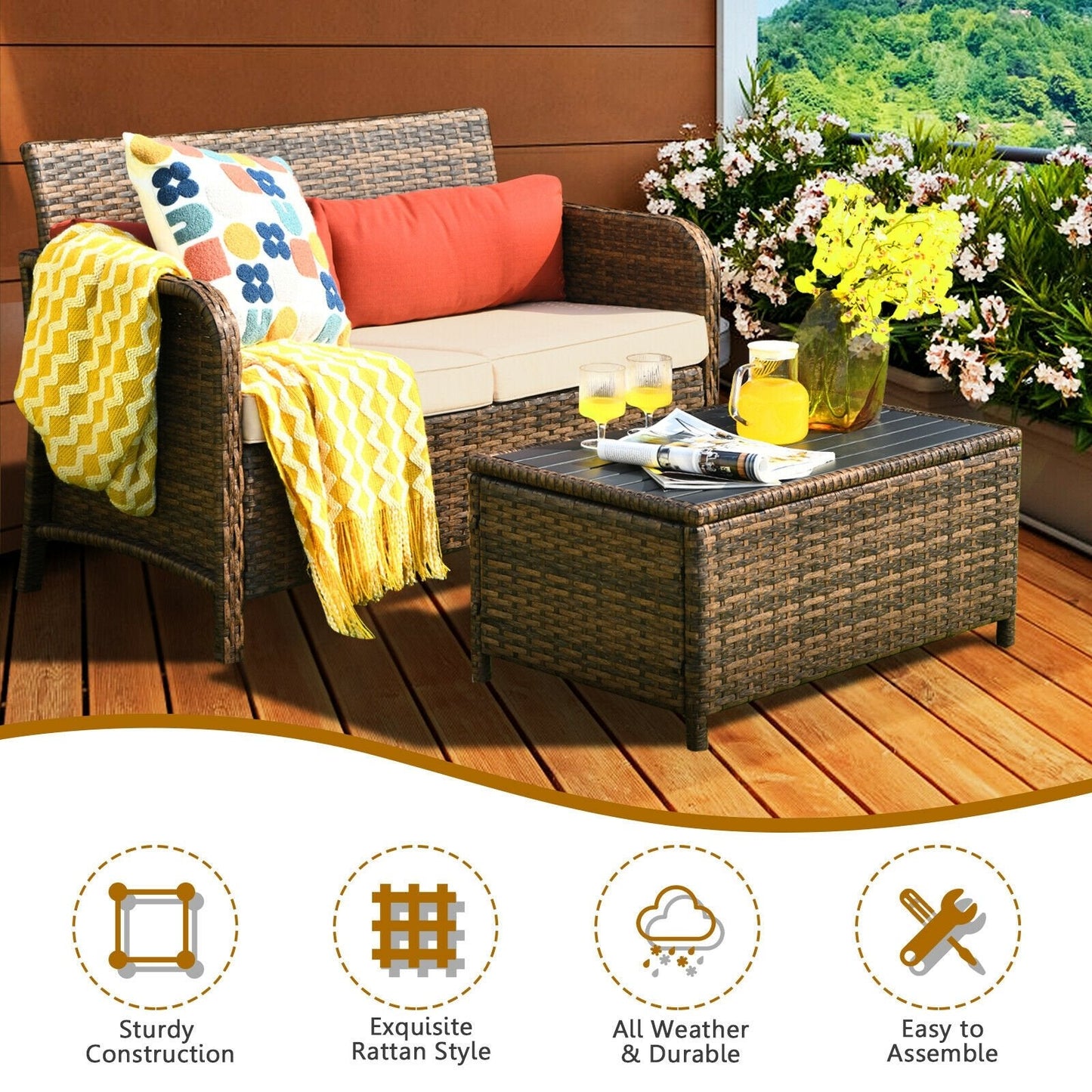 2 Pieces Cushioned Patio Rattan Furniture Set, Brown Patio Conversation Sets   at Gallery Canada