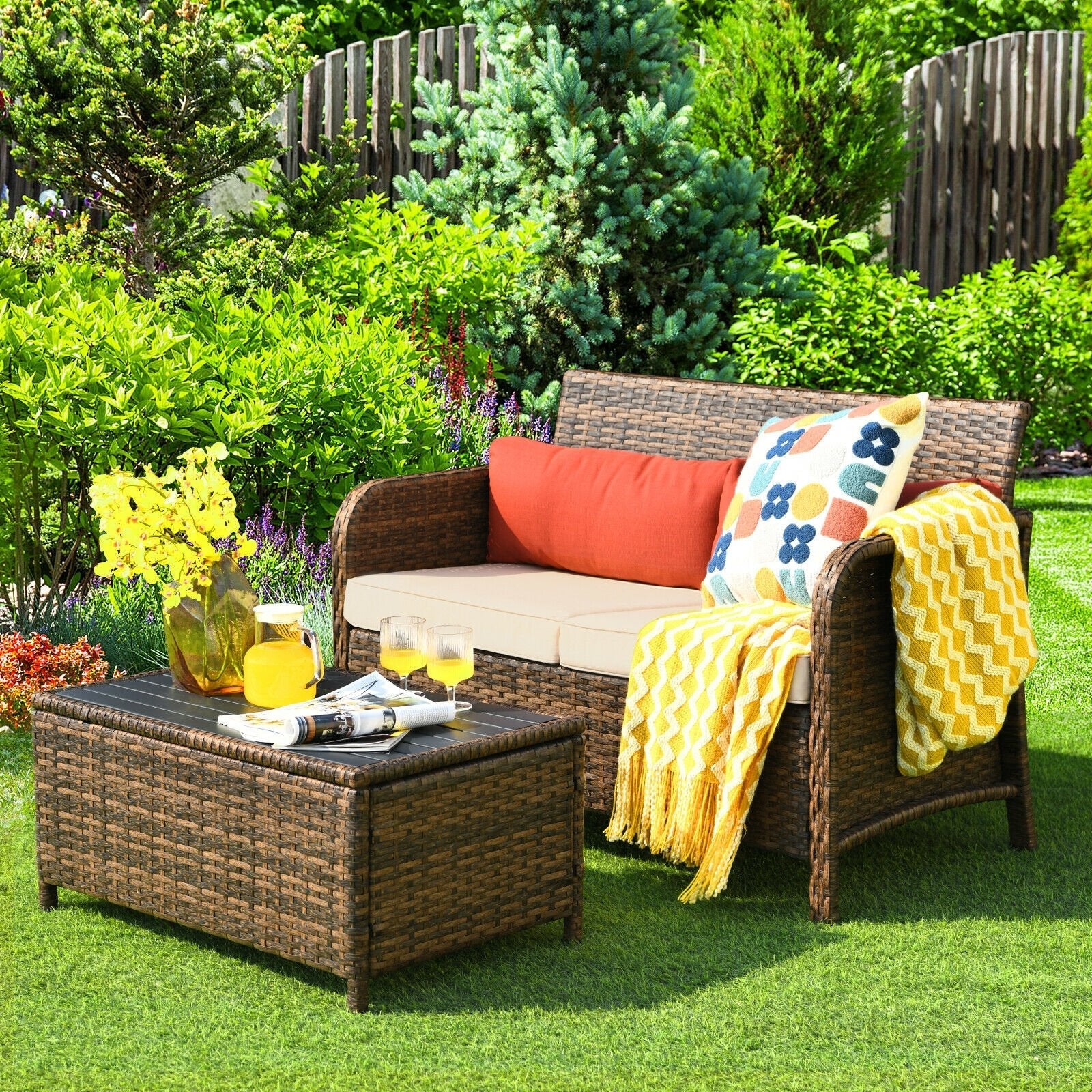 2 Pieces Cushioned Patio Rattan Furniture Set, Brown Patio Conversation Sets   at Gallery Canada