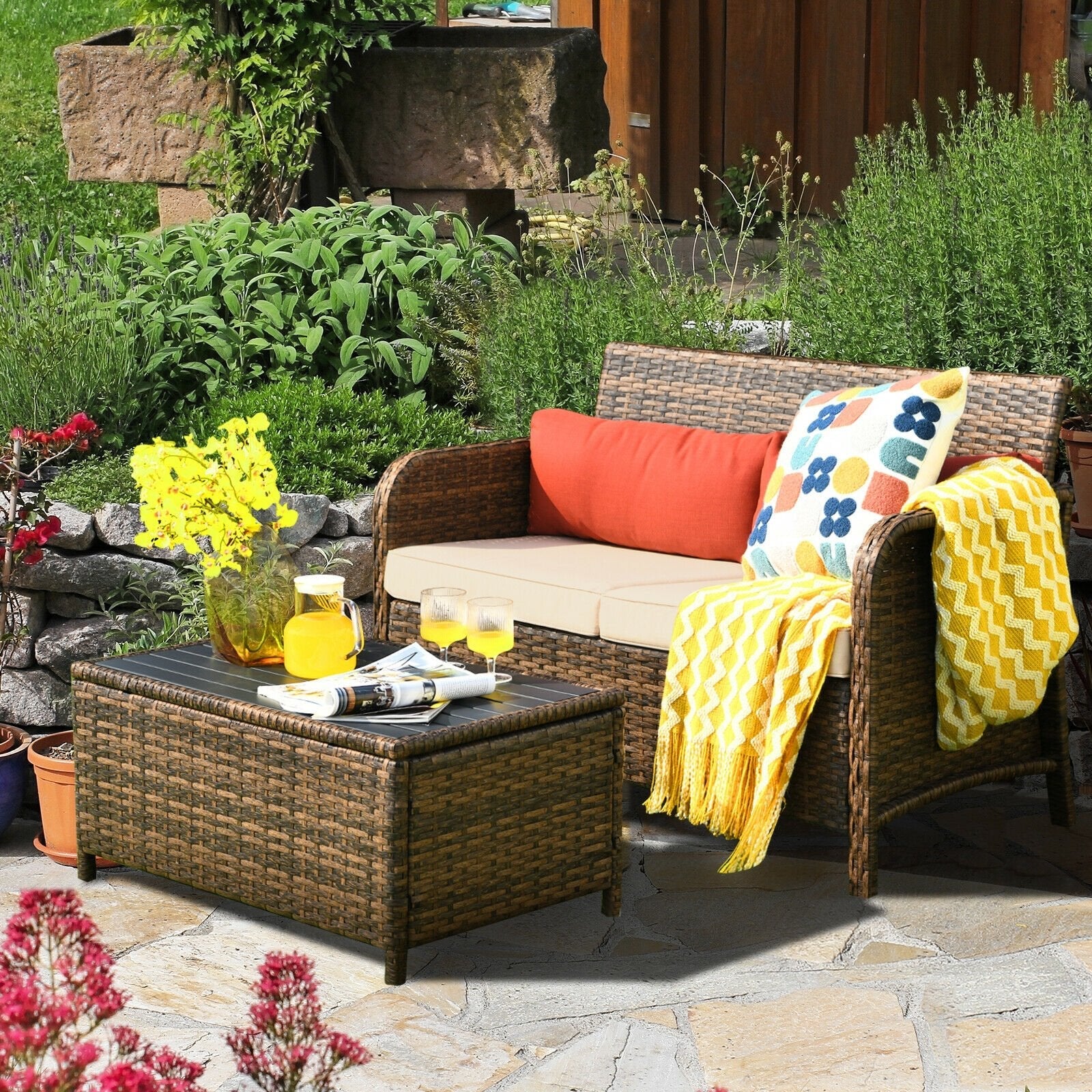 2 Pieces Cushioned Patio Rattan Furniture Set, Brown Patio Conversation Sets   at Gallery Canada