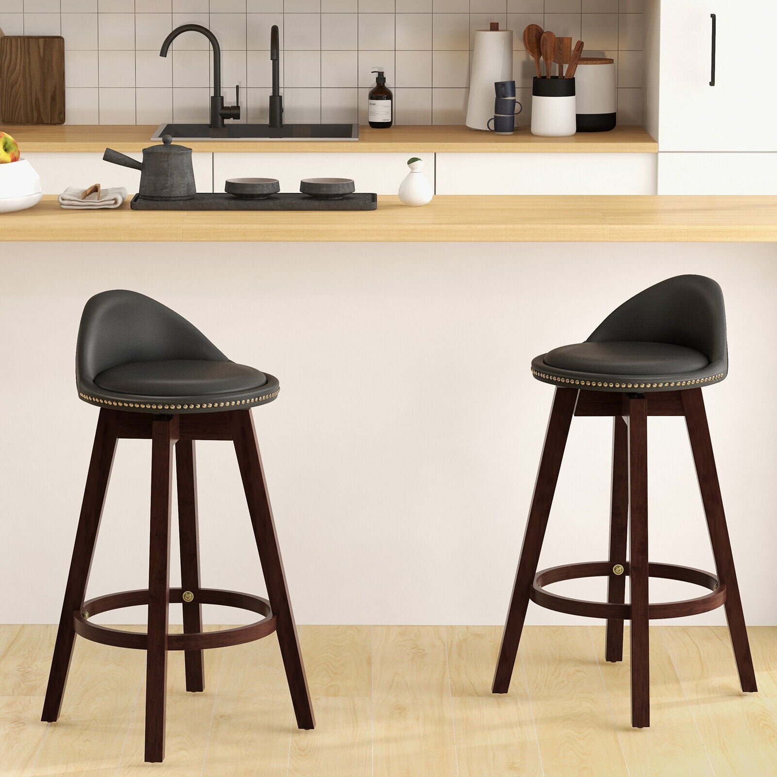 2 Pieces Cushioned Swivel Bar Stool Set with Low Back, Black Bar Stools   at Gallery Canada