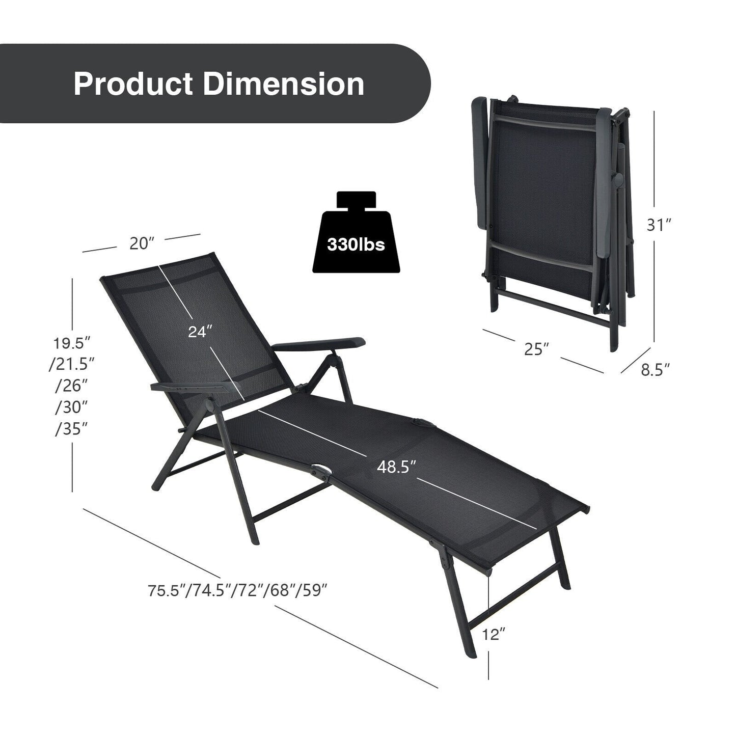 2 Pieces Foldable Chaise Lounge Chair with 2-Position Footrest, Black Outdoor Chaise Lounges   at Gallery Canada