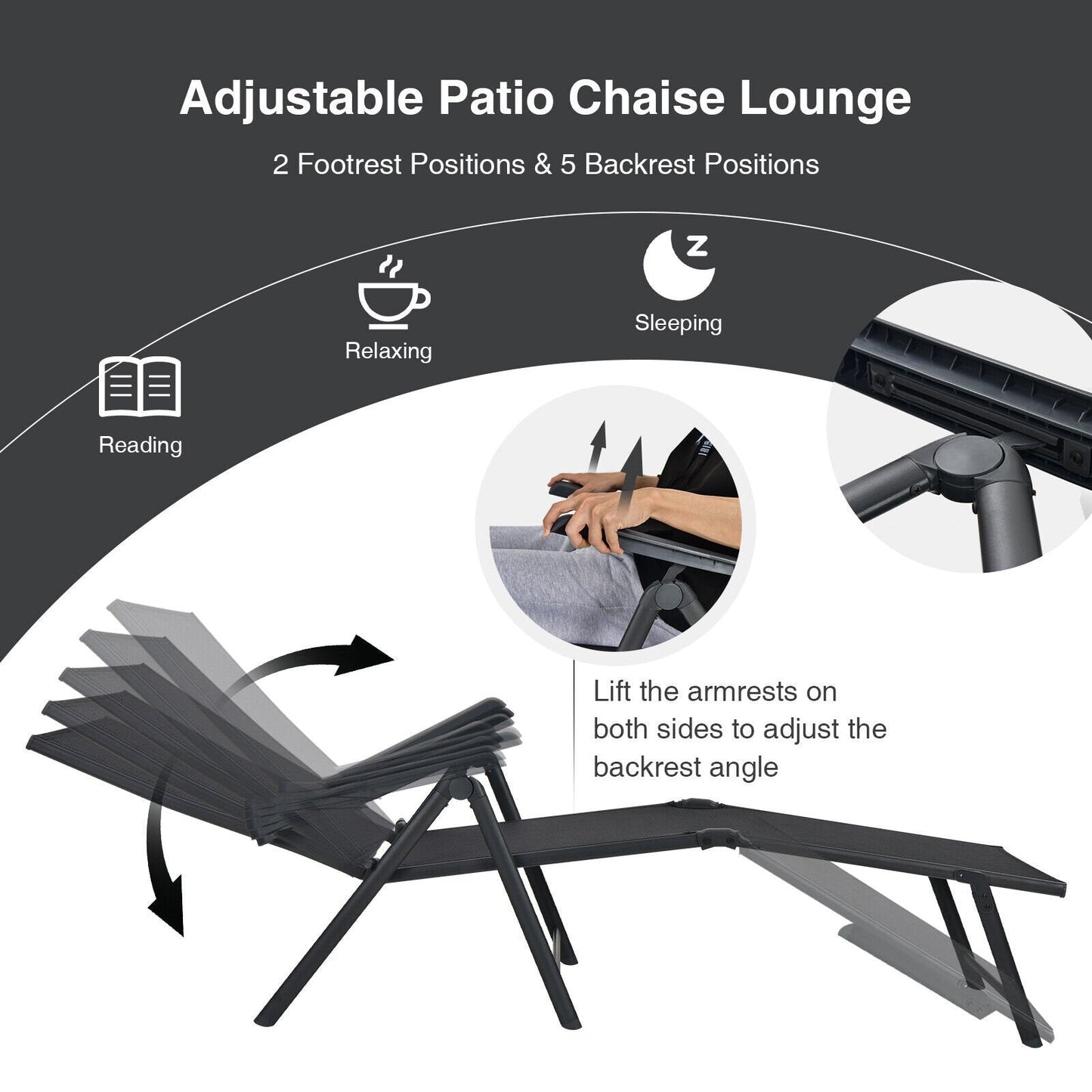 2 Pieces Foldable Chaise Lounge Chair with 2-Position Footrest, Black Outdoor Chaise Lounges   at Gallery Canada