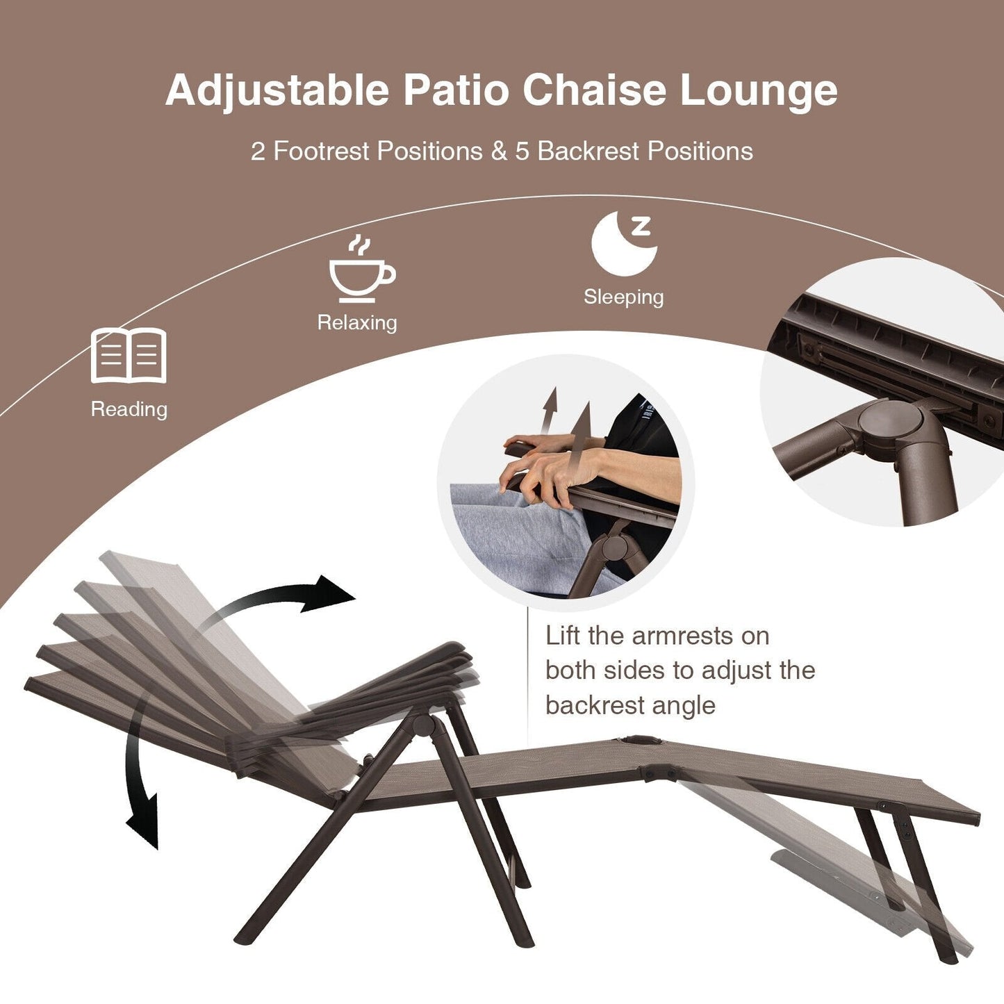 2 Pieces Foldable Chaise Lounge Chair with 2-Position Footrest, Brown Outdoor Chaise Lounges   at Gallery Canada