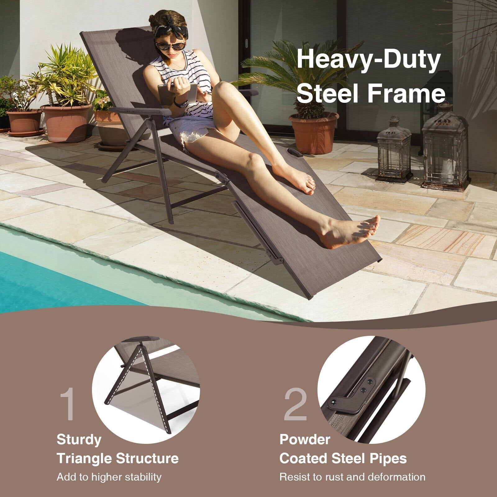 2 Pieces Foldable Chaise Lounge Chair with 2-Position Footrest, Brown Outdoor Chaise Lounges   at Gallery Canada