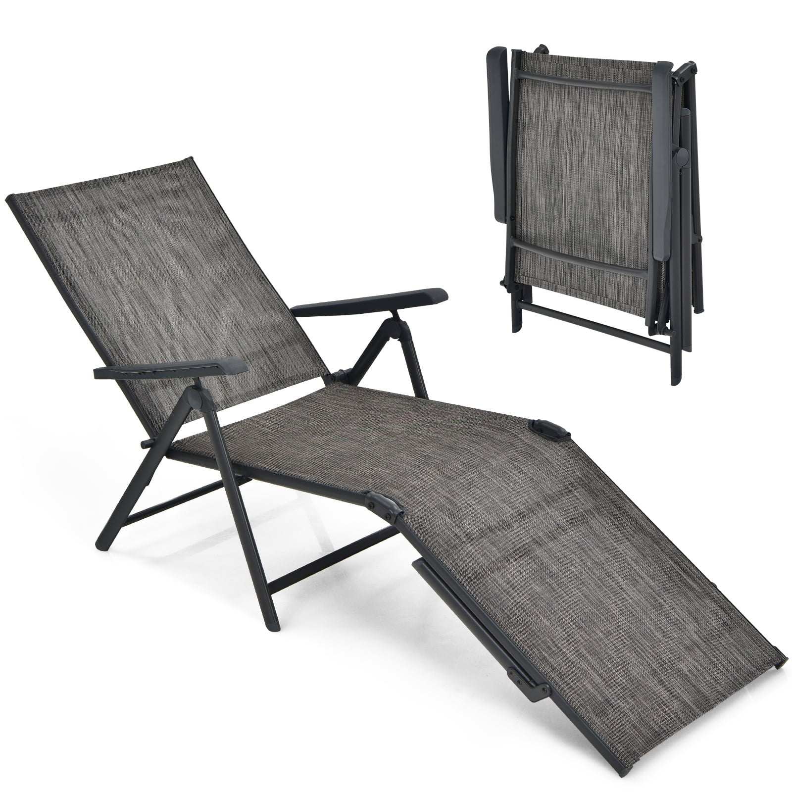 2 Pieces Foldable Chaise Lounge Chair with 2-Position Footrest, Gray Outdoor Chaise Lounges   at Gallery Canada