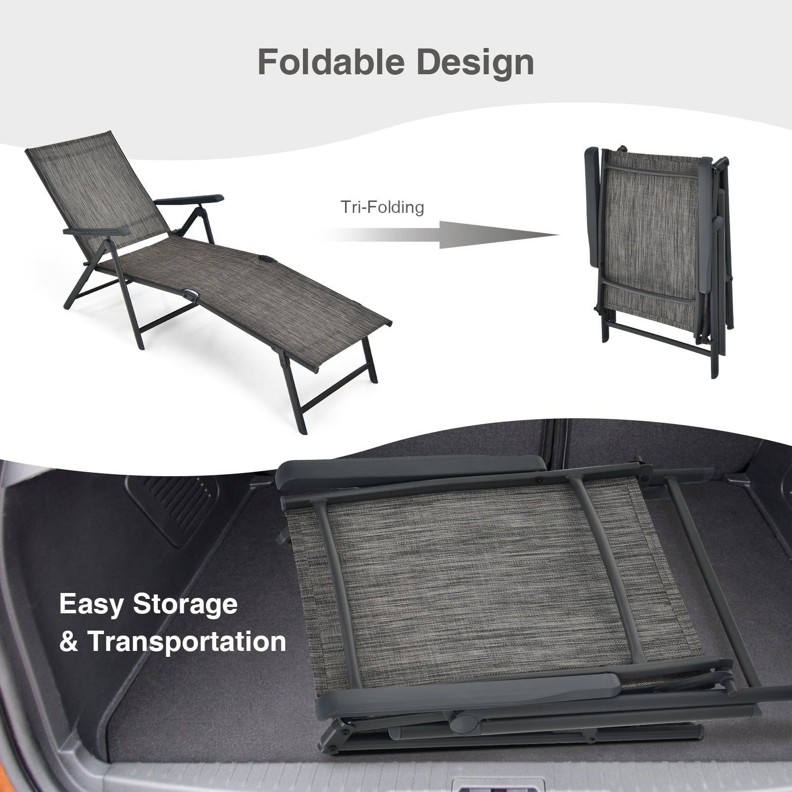 2 Pieces Foldable Chaise Lounge Chair with 2-Position Footrest, Gray Outdoor Chaise Lounges   at Gallery Canada