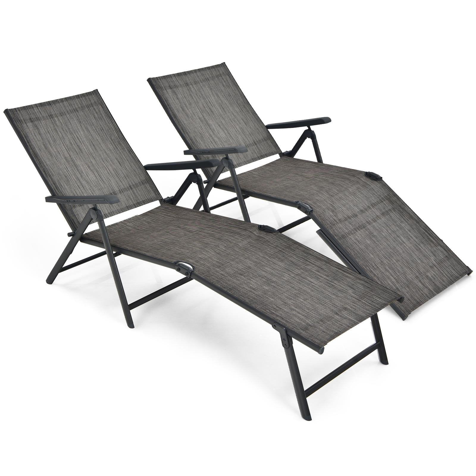 2 Pieces Foldable Chaise Lounge Chair with 2-Position Footrest, Gray Outdoor Chaise Lounges   at Gallery Canada