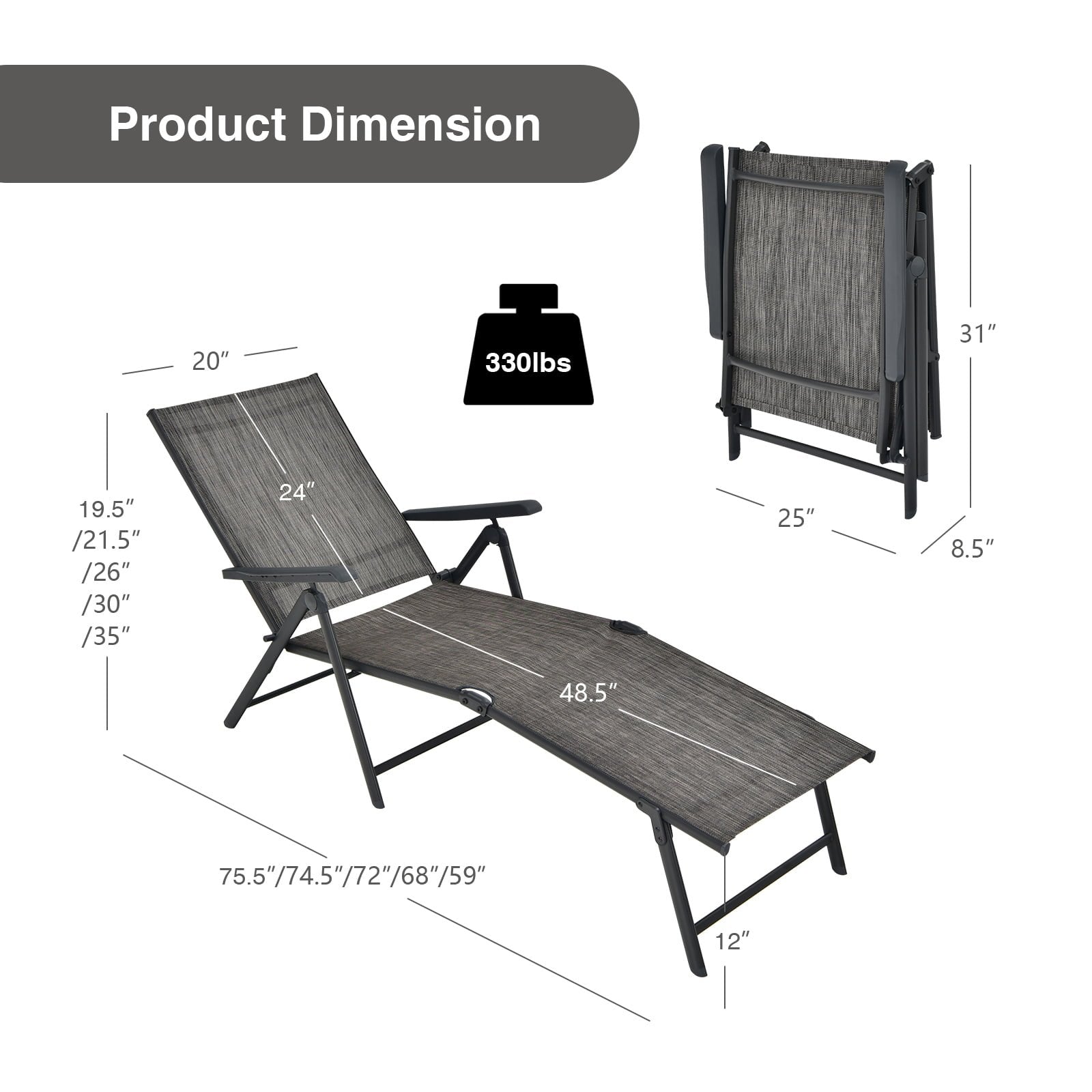 2 Pieces Foldable Chaise Lounge Chair with 2-Position Footrest, Gray Outdoor Chaise Lounges   at Gallery Canada