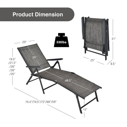 2 Pieces Foldable Chaise Lounge Chair with 2-Position Footrest, Gray Outdoor Chaise Lounges   at Gallery Canada