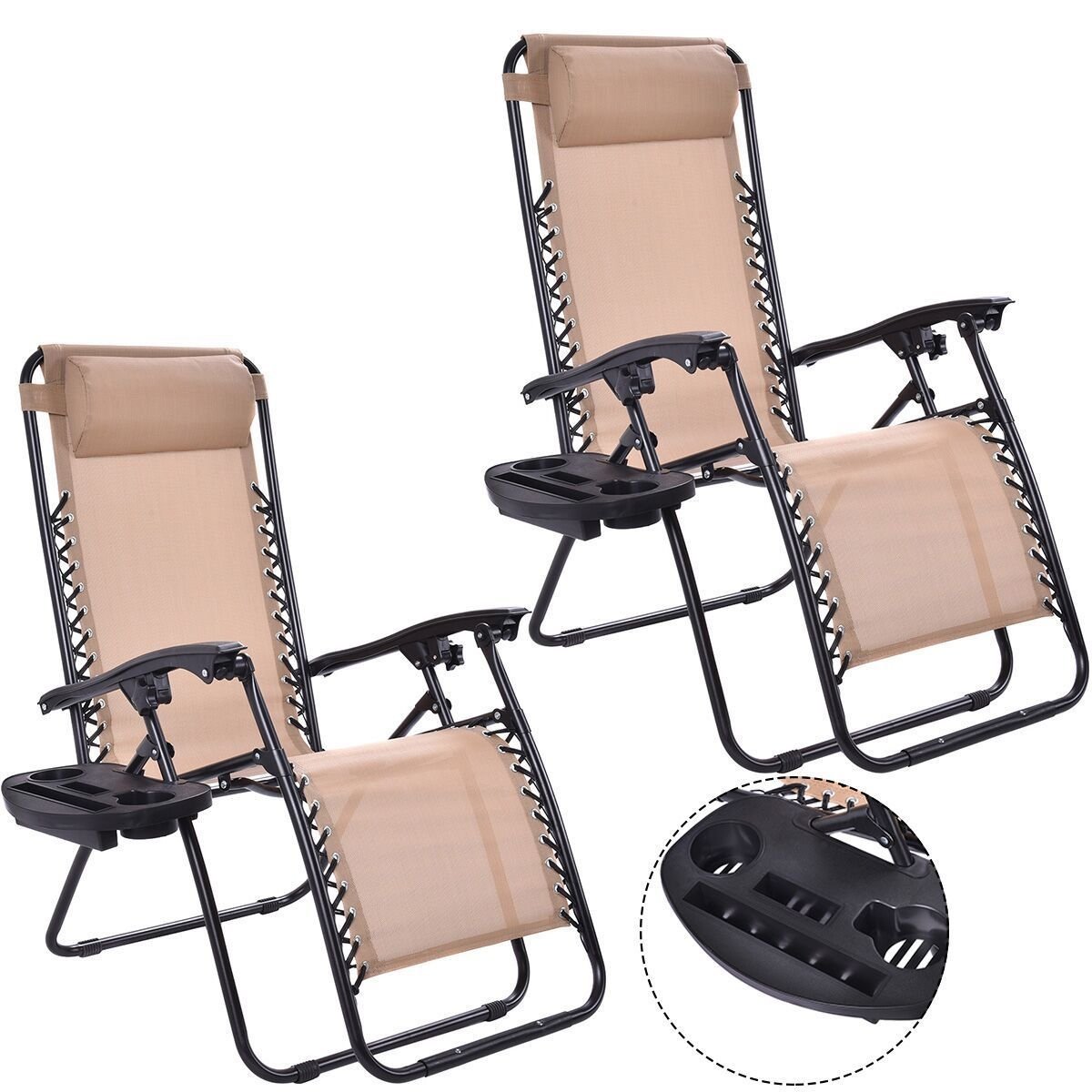 2 Pieces Folding Lounge Chair with Zero Gravity - Beige, Beige Beach & Lawn Chairs   at Gallery Canada