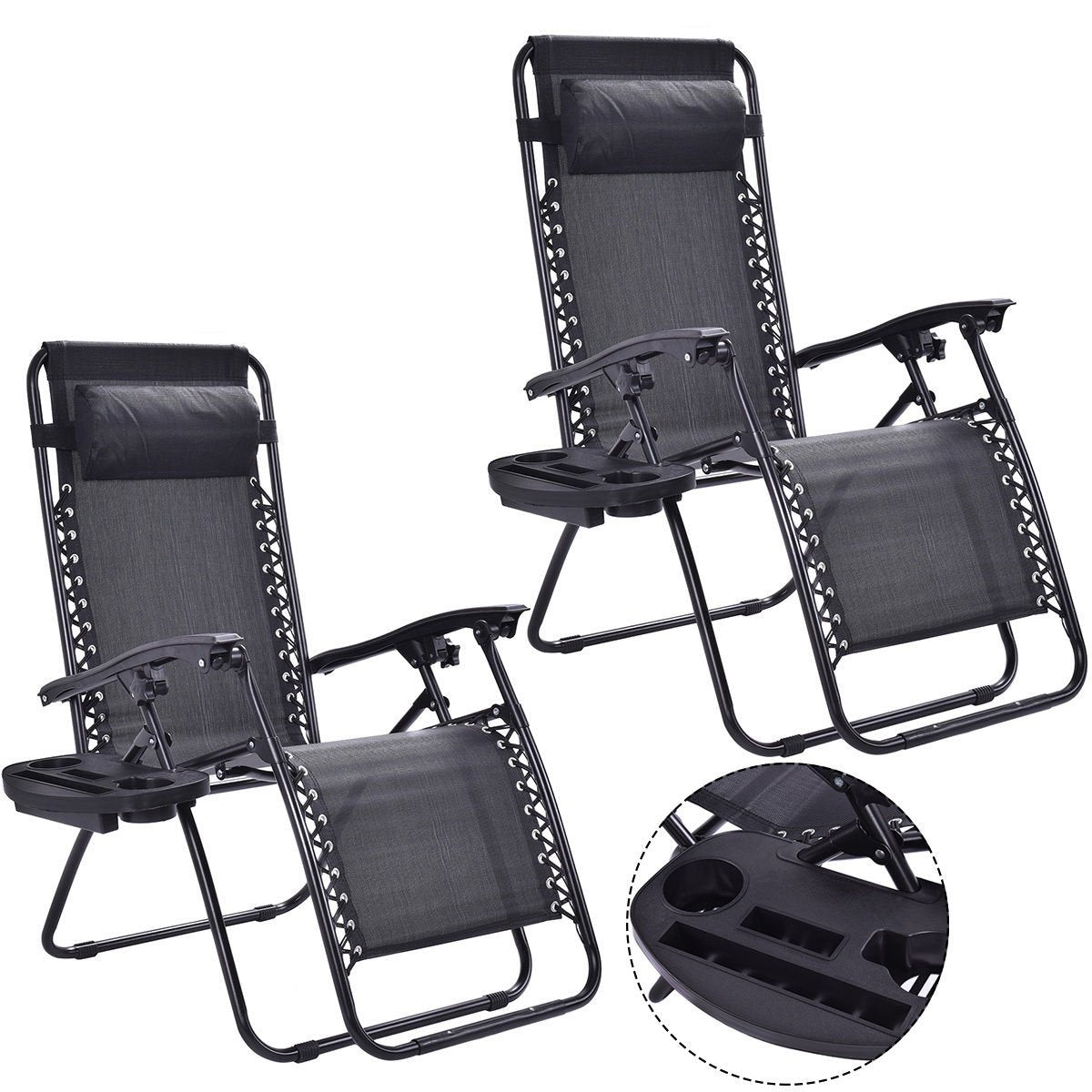 2 Pieces Folding Lounge Chair with Zero Gravity - Black, Black Beach & Lawn Chairs   at Gallery Canada