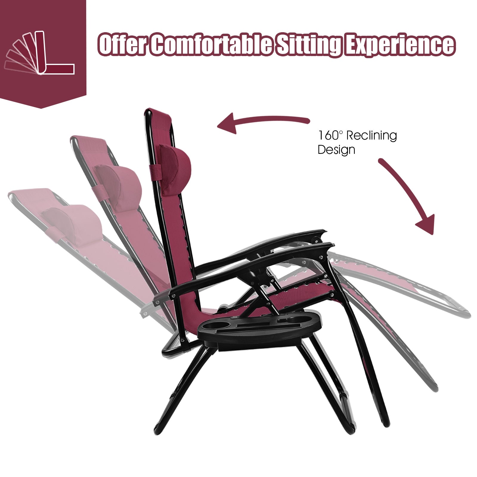 2 Pieces Folding Lounge Chair with Zero Gravity, Dark Red Beach & Lawn Chairs   at Gallery Canada