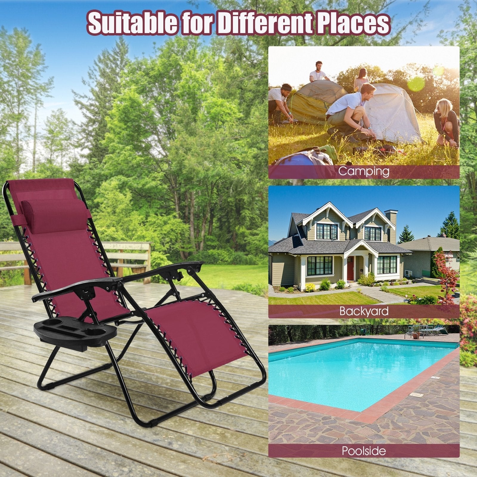 2 Pieces Folding Lounge Chair with Zero Gravity, Dark Red Beach & Lawn Chairs   at Gallery Canada