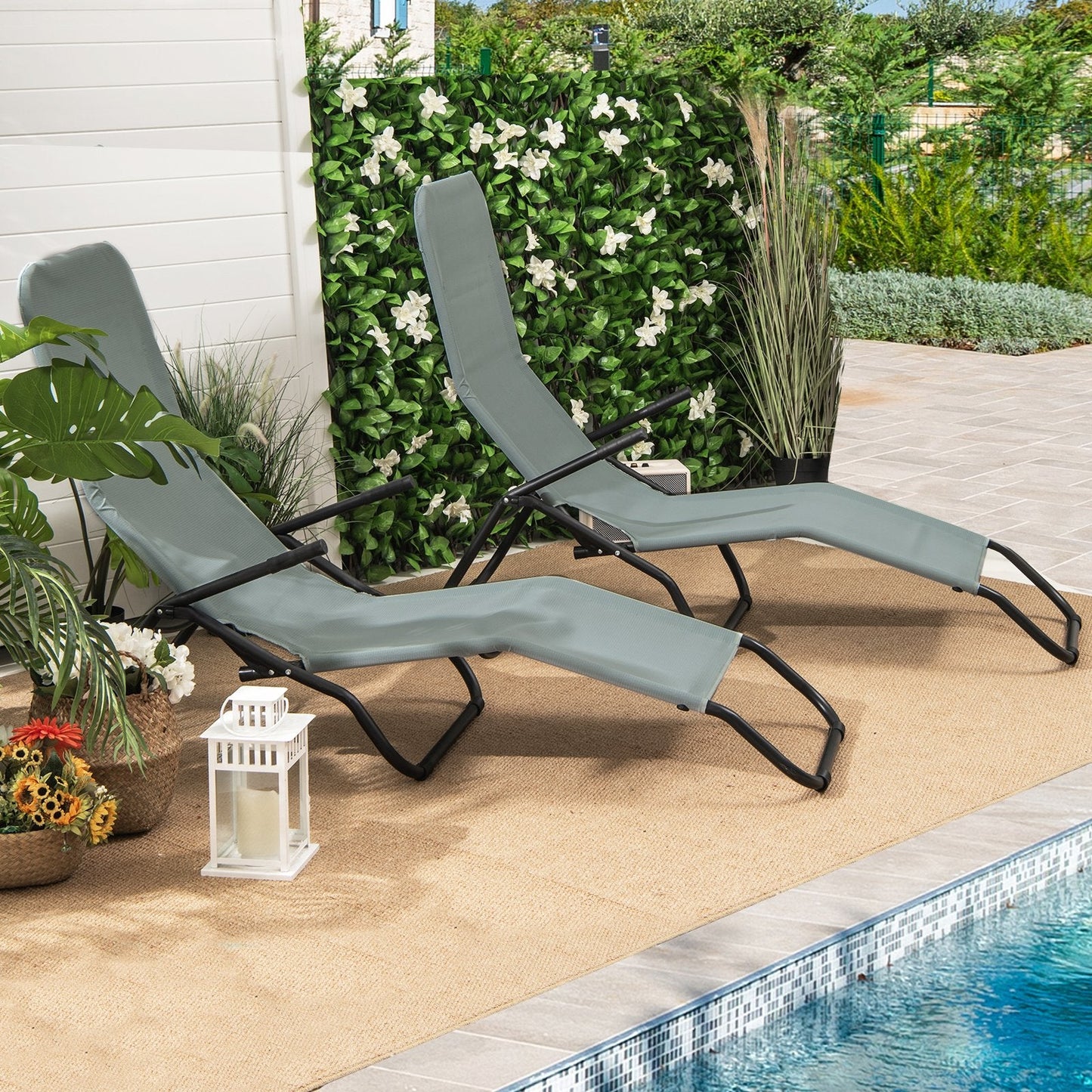 2 Pieces Folding Portable Patio Chaise Lounger with Rocking Design, Light Green Outdoor Chaise Lounges   at Gallery Canada