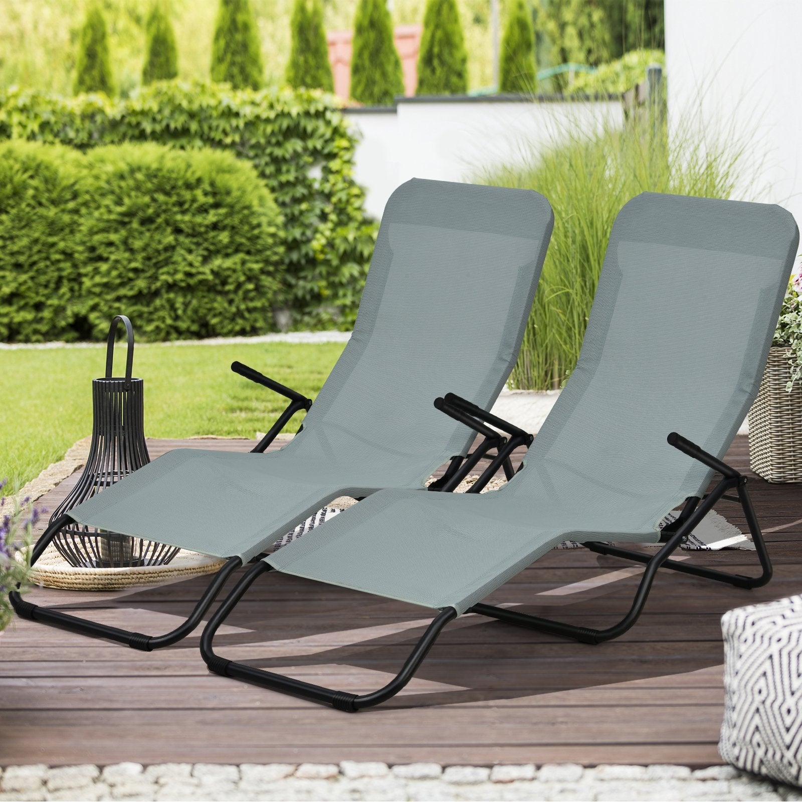 2 Pieces Folding Portable Patio Chaise Lounger with Rocking Design, Light Green Outdoor Chaise Lounges   at Gallery Canada