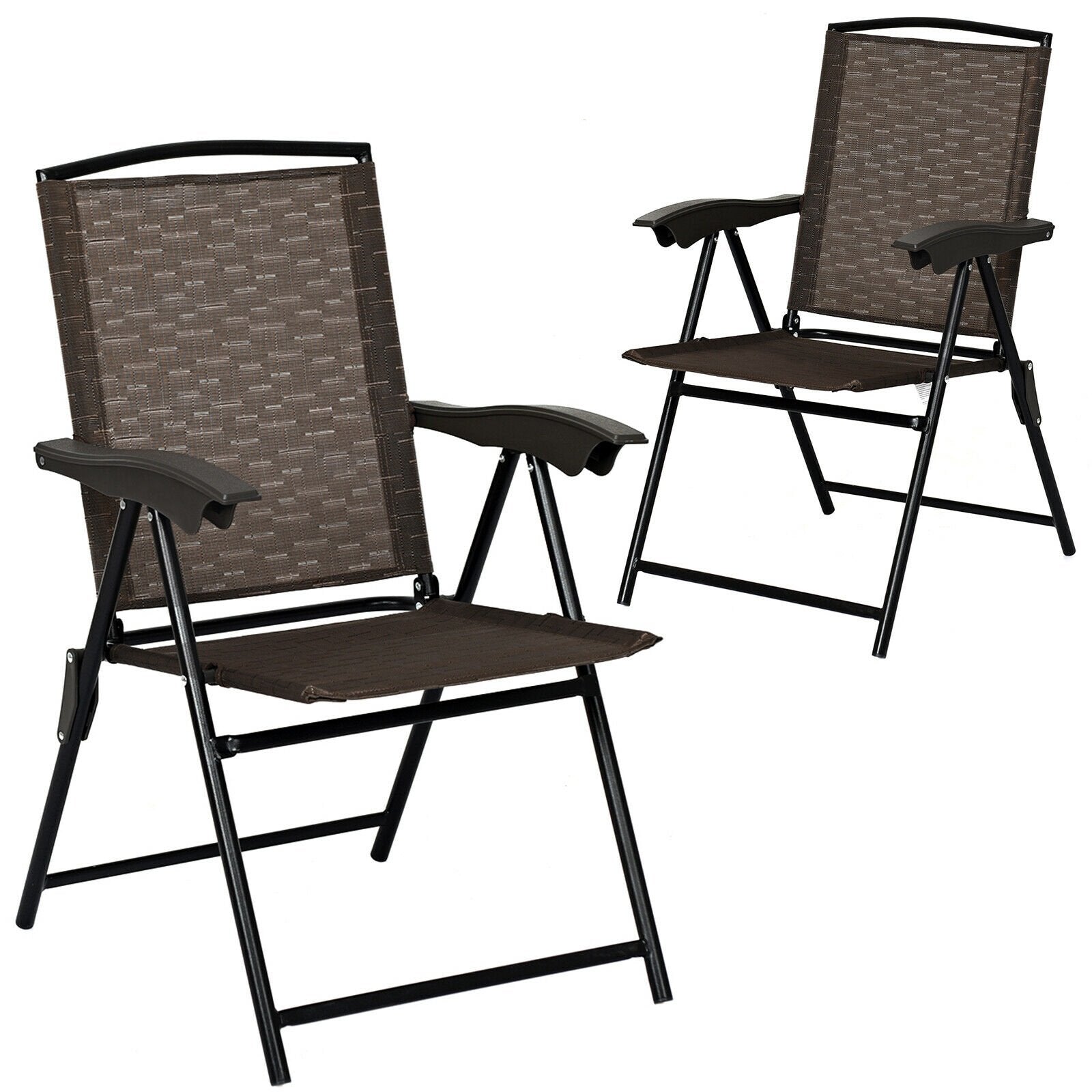 2 Pieces Folding Sling Chairs with Steel Armrests and Adjustable Back, Brown Patio Dining Chairs   at Gallery Canada