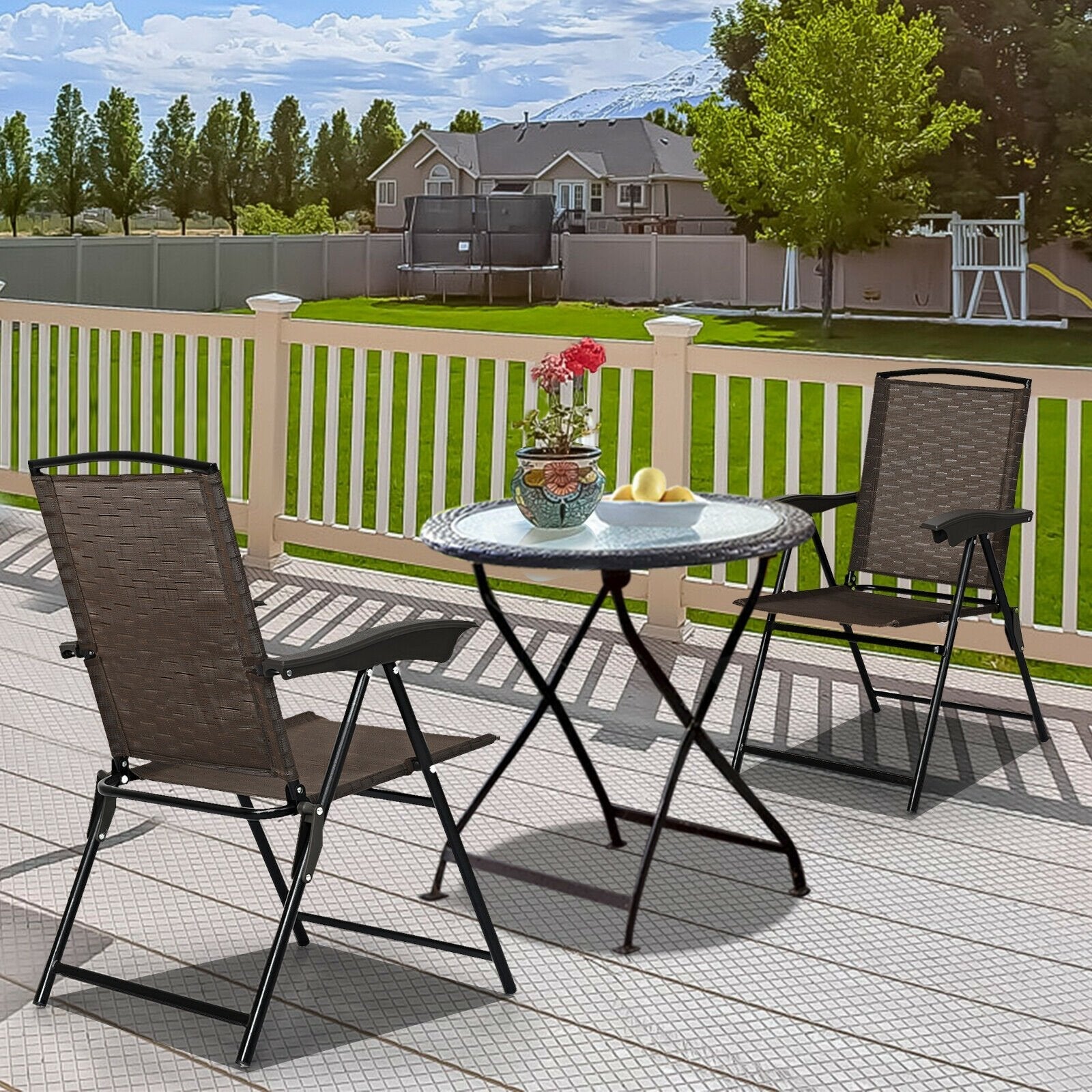 2 Pieces Folding Sling Chairs with Steel Armrests and Adjustable Back, Brown Patio Dining Chairs   at Gallery Canada