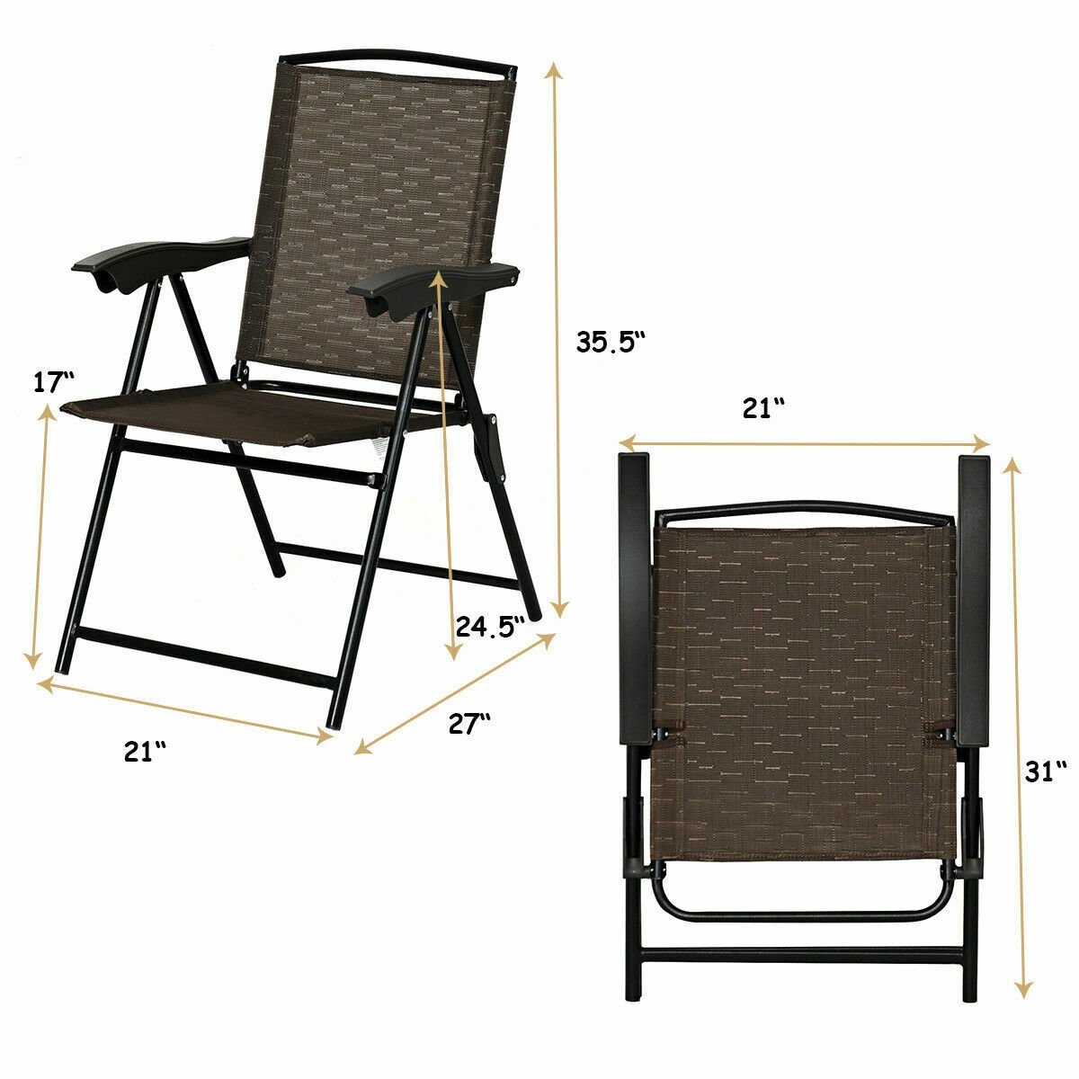 2 Pieces Folding Sling Chairs with Steel Armrests and Adjustable Back, Brown Patio Dining Chairs   at Gallery Canada