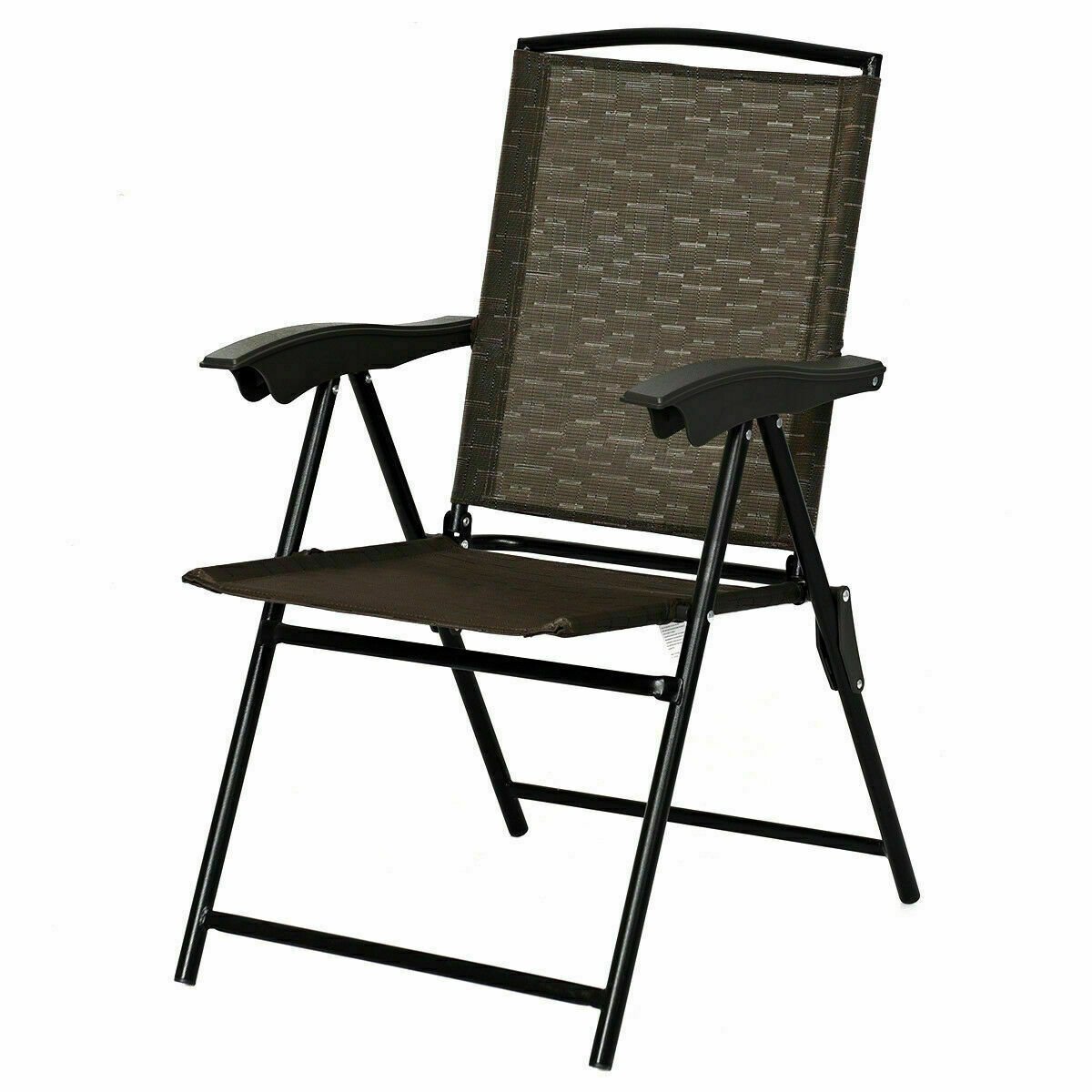 2 Pieces Folding Sling Chairs with Steel Armrests and Adjustable Back, Brown Patio Dining Chairs   at Gallery Canada