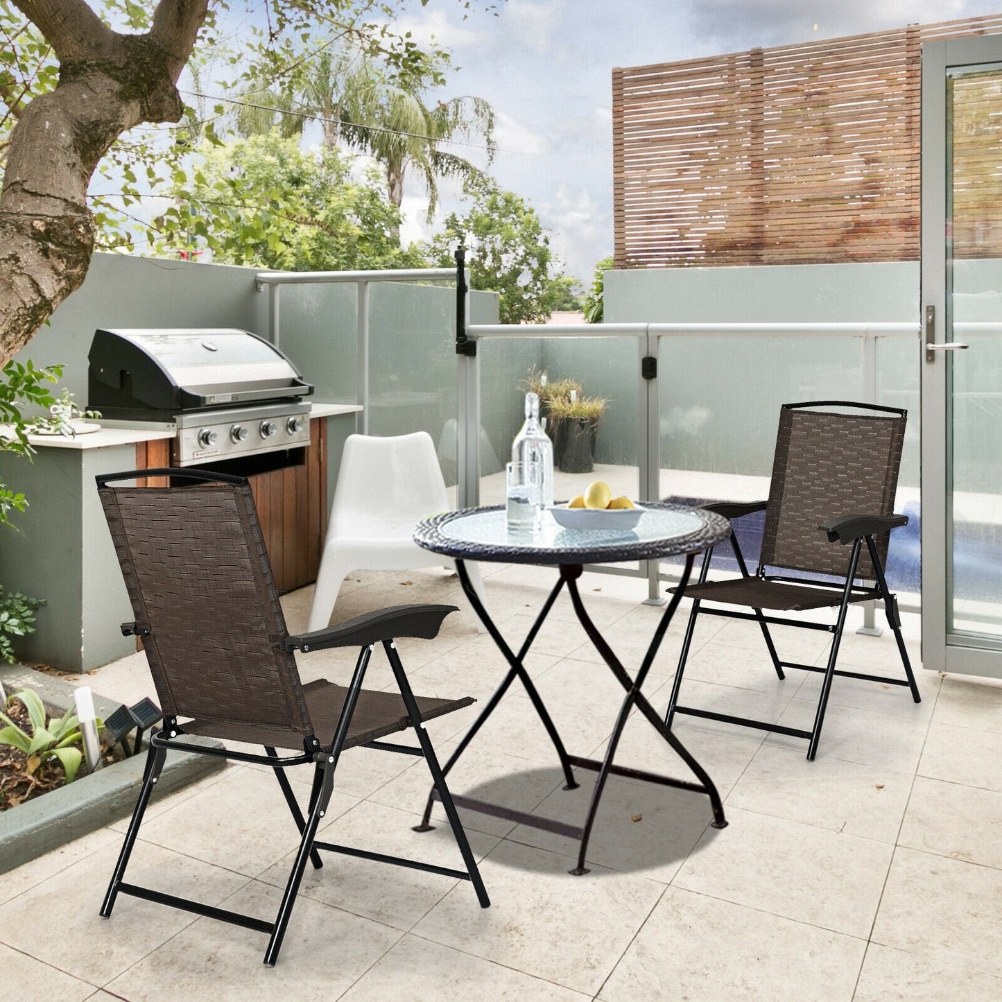 2 Pieces Folding Sling Chairs with Steel Armrests and Adjustable Back, Brown Patio Dining Chairs   at Gallery Canada