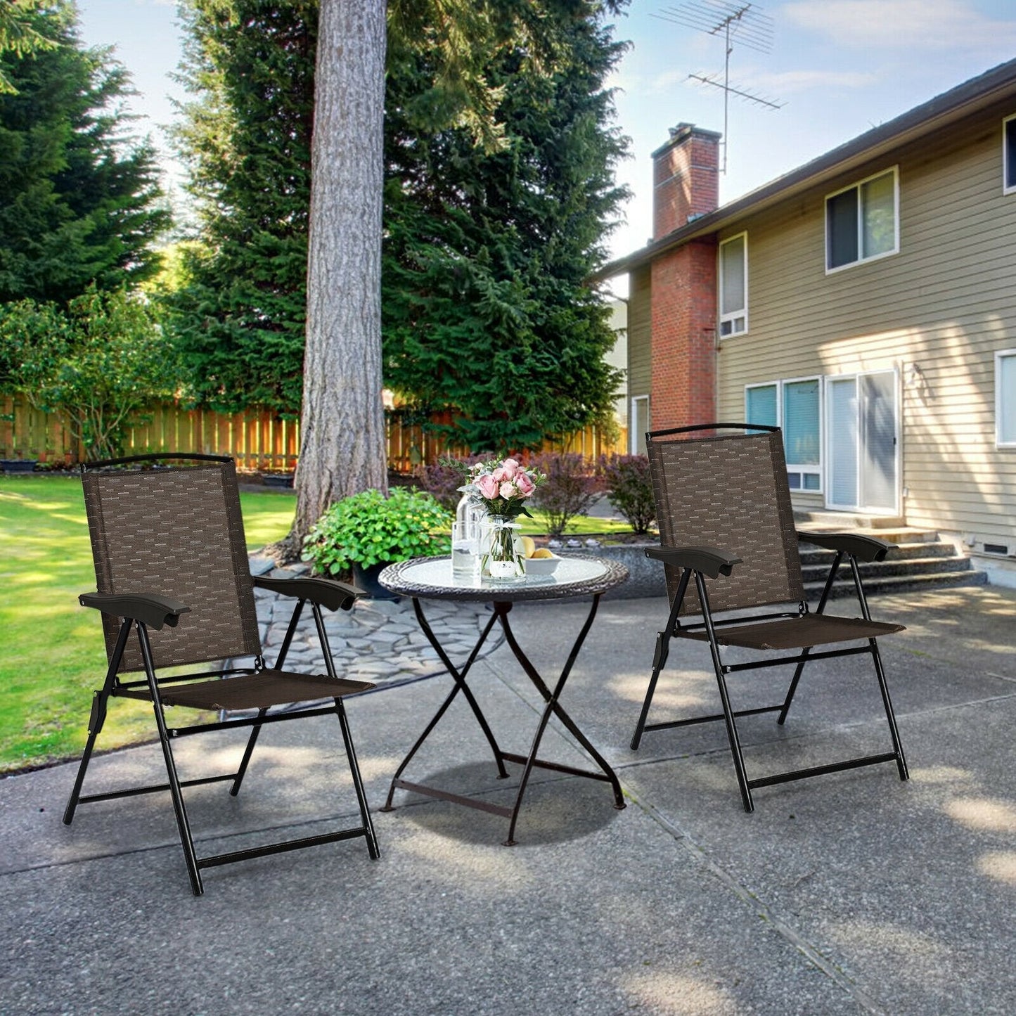 2 Pieces Folding Sling Chairs with Steel Armrests and Adjustable Back, Brown Patio Dining Chairs   at Gallery Canada