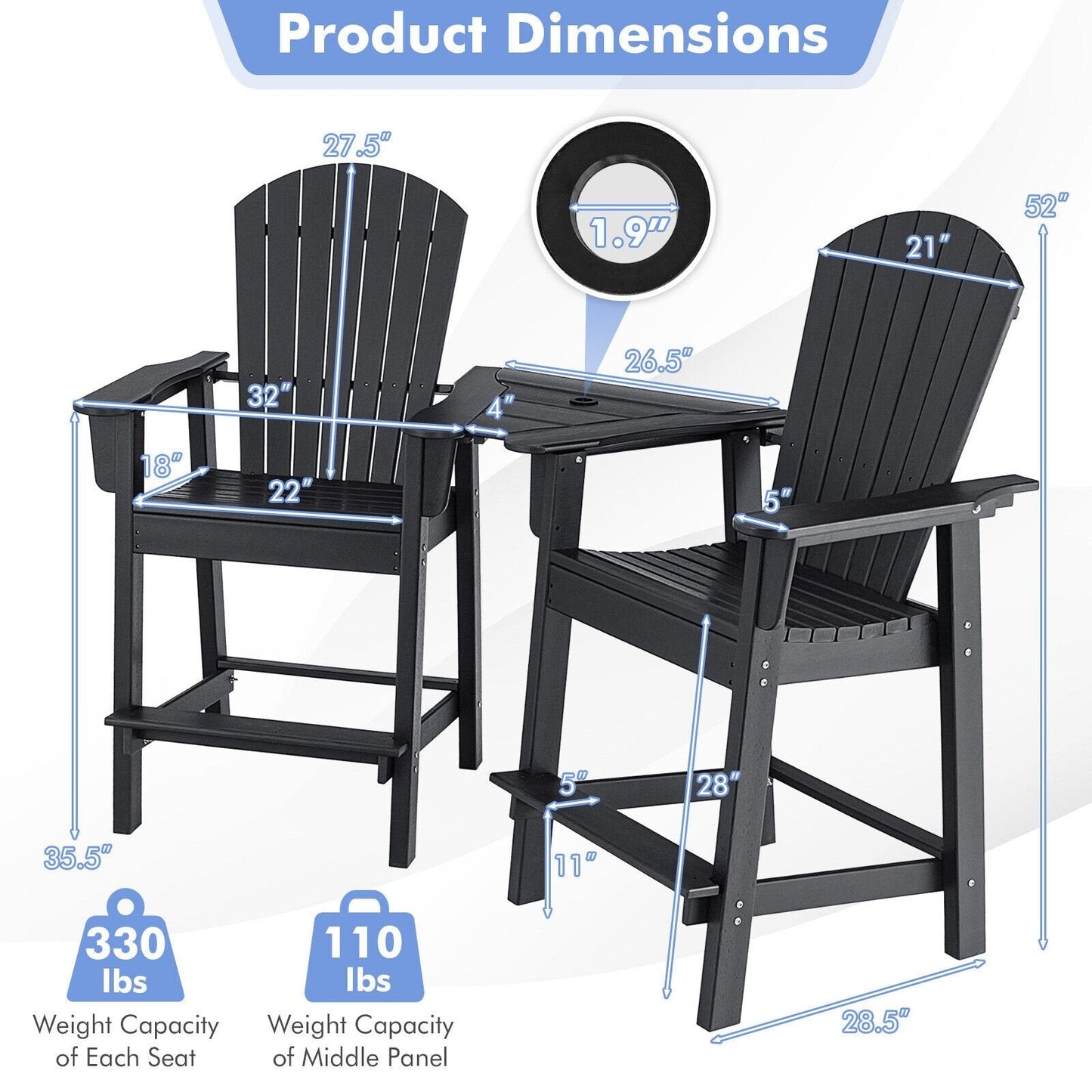 2 Pieces HDPE Tall Adirondack Chair with Middle Connecting Tray, Black Adirondack Chairs   at Gallery Canada