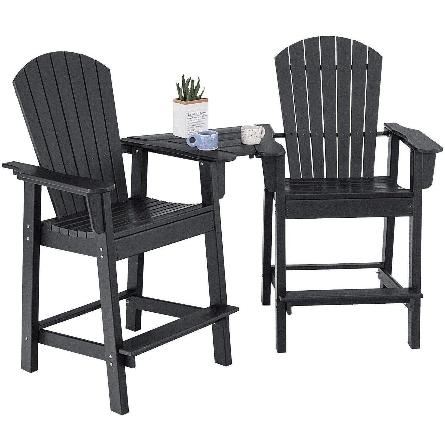 2 Pieces HDPE Tall Adirondack Chair with Middle Connecting Tray, Black Adirondack Chairs   at Gallery Canada