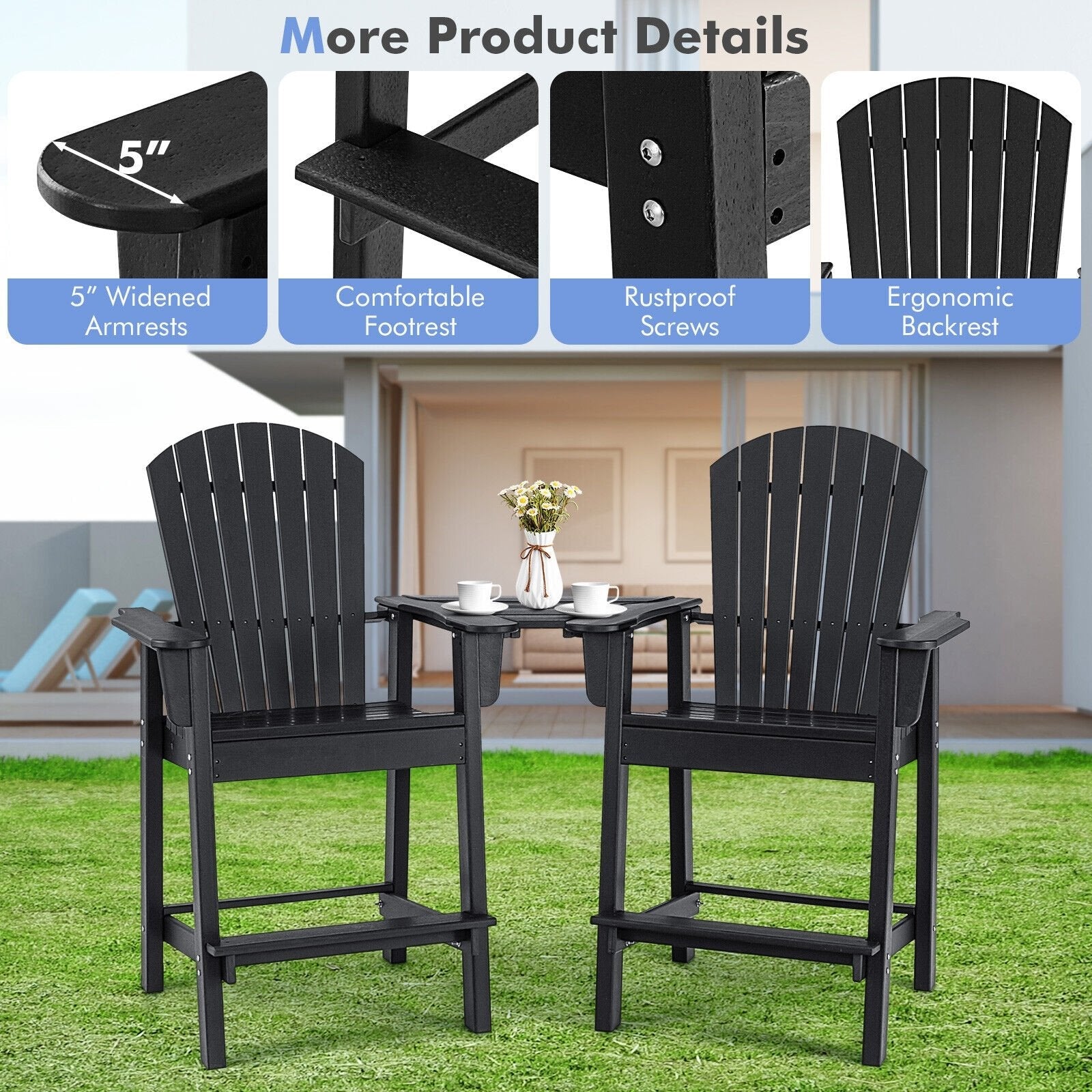 2 Pieces HDPE Tall Adirondack Chair with Middle Connecting Tray, Black Adirondack Chairs   at Gallery Canada