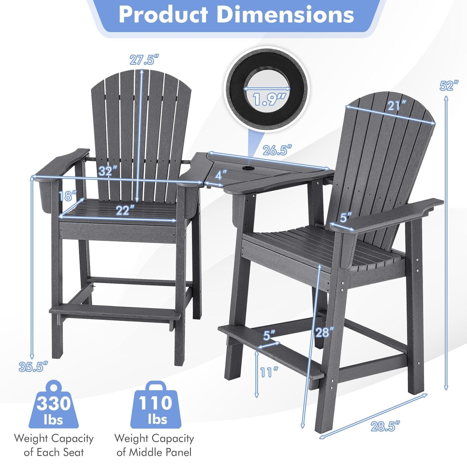 2 Pieces HDPE Tall Adirondack Chair with Middle Connecting Tray, Gray Adirondack Chairs   at Gallery Canada