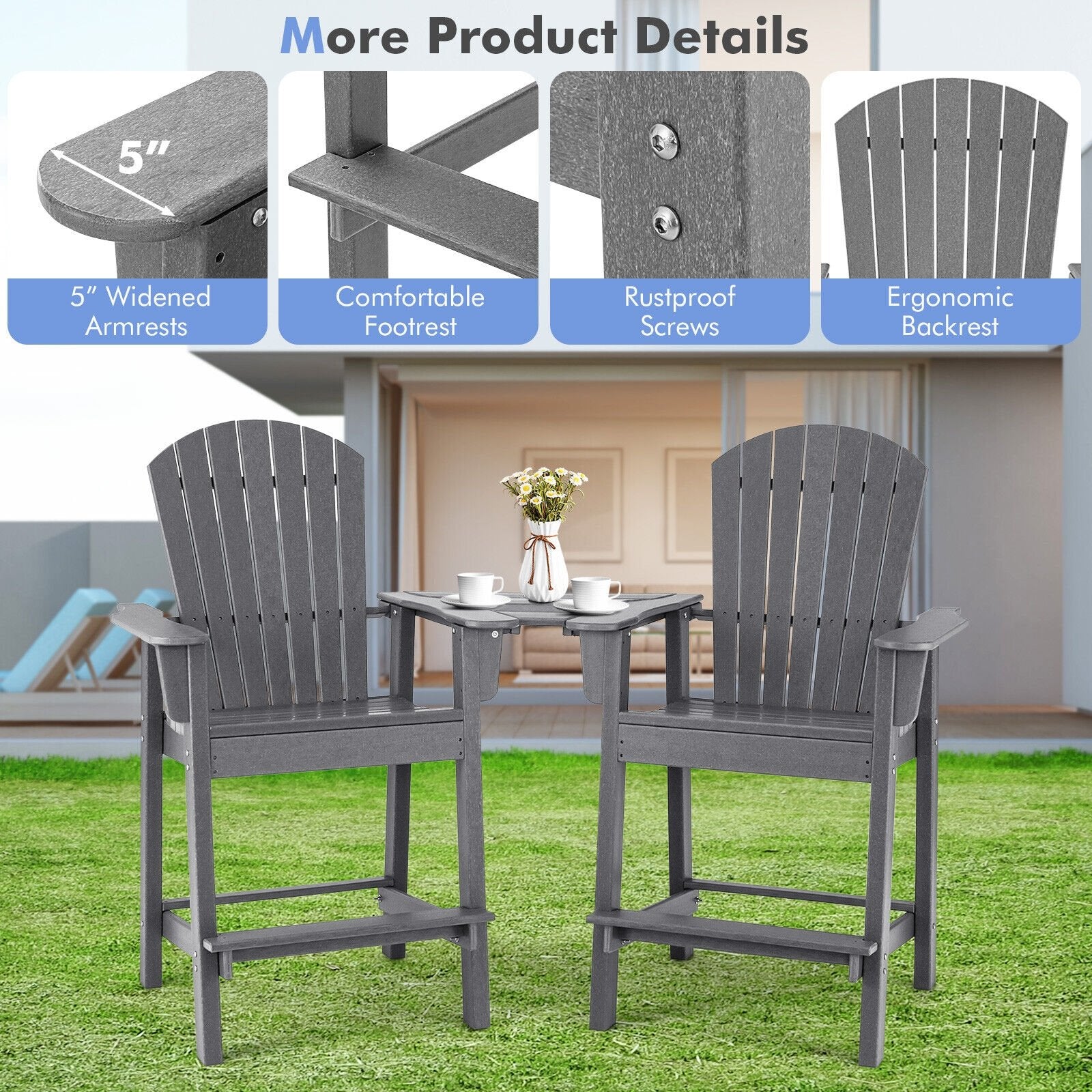 2 Pieces HDPE Tall Adirondack Chair with Middle Connecting Tray, Gray Adirondack Chairs   at Gallery Canada