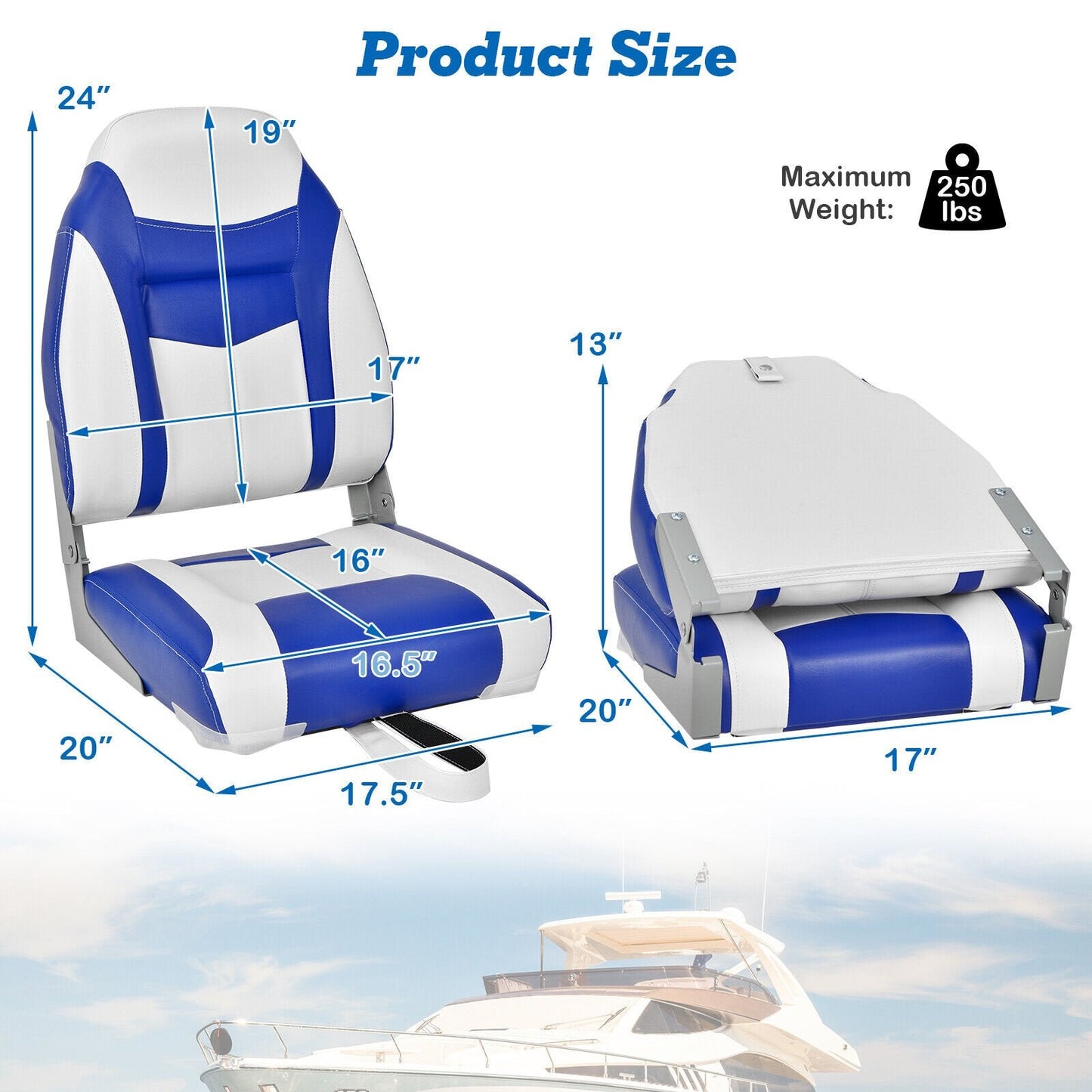 2 Pieces High Back Folding Boat Seat Set with Sponge Cushion, Blue Water Sports   at Gallery Canada