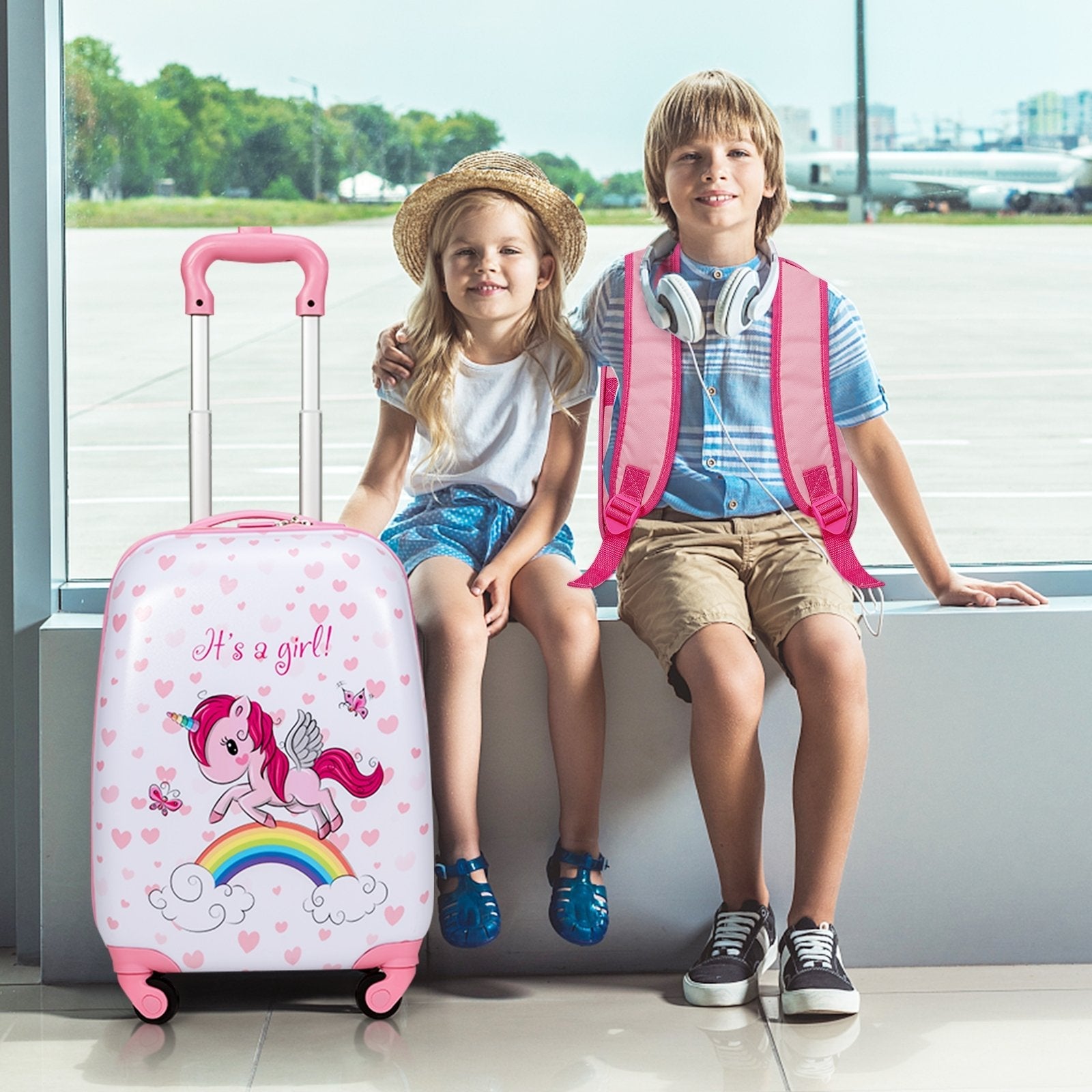 2 Pieces Kids Luggage Set 12 Inch Backpack and 16 Inch Kid Carry on Suitcase with Wheels, Pink Kids Luggage   at Gallery Canada