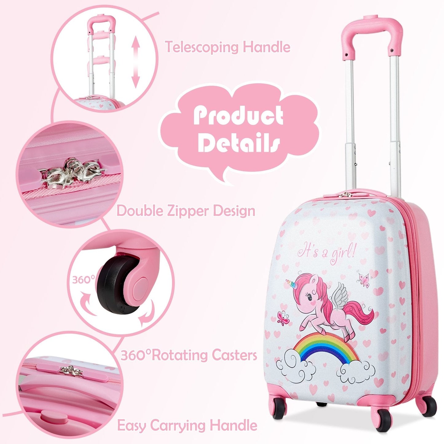 2 Pieces Kids Luggage Set 12 Inch Backpack and 16 Inch Kid Carry on Suitcase with Wheels, Pink Kids Luggage   at Gallery Canada