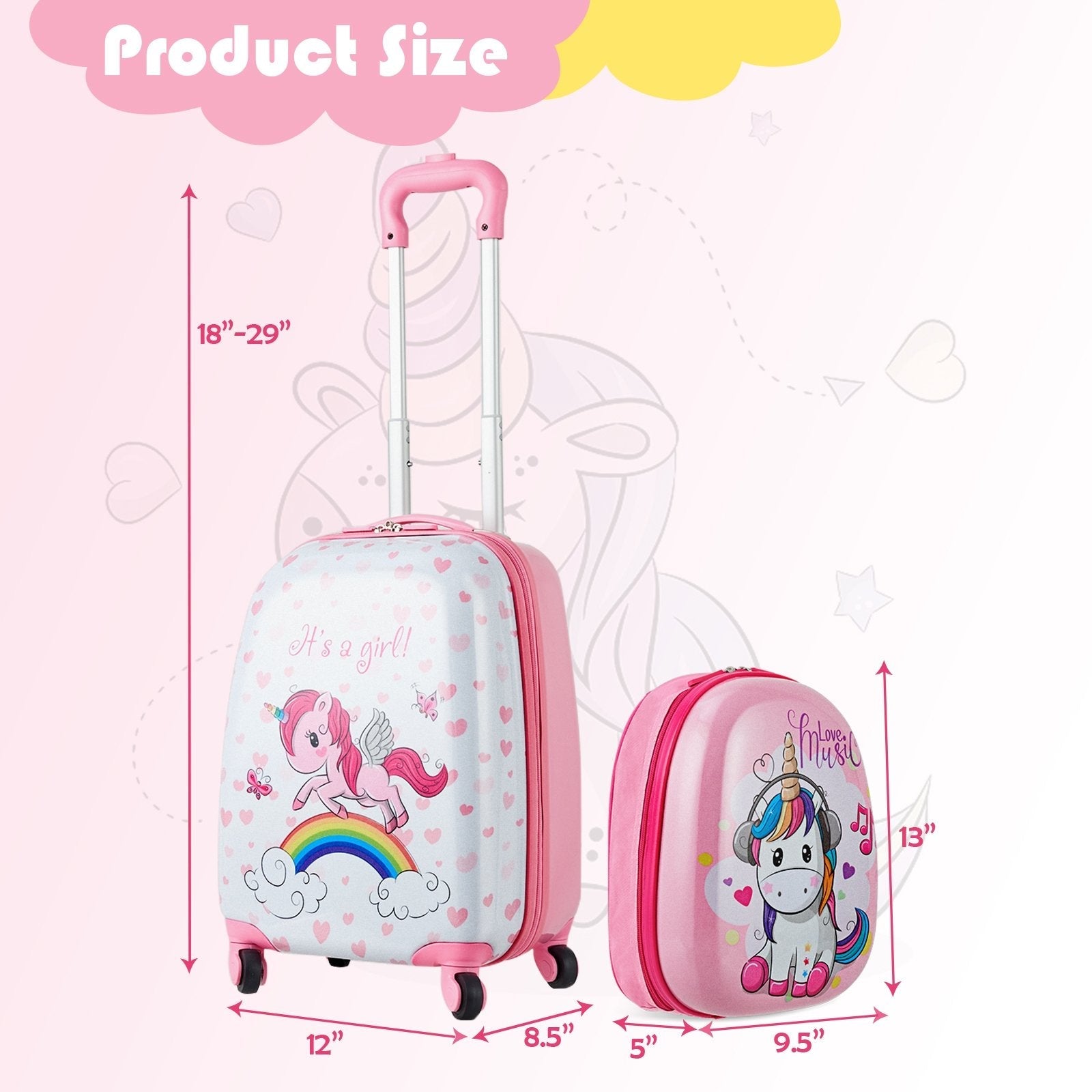 2 Pieces Kids Luggage Set 12 Inch Backpack and 16 Inch Kid Carry on Suitcase with Wheels, Pink Kids Luggage   at Gallery Canada