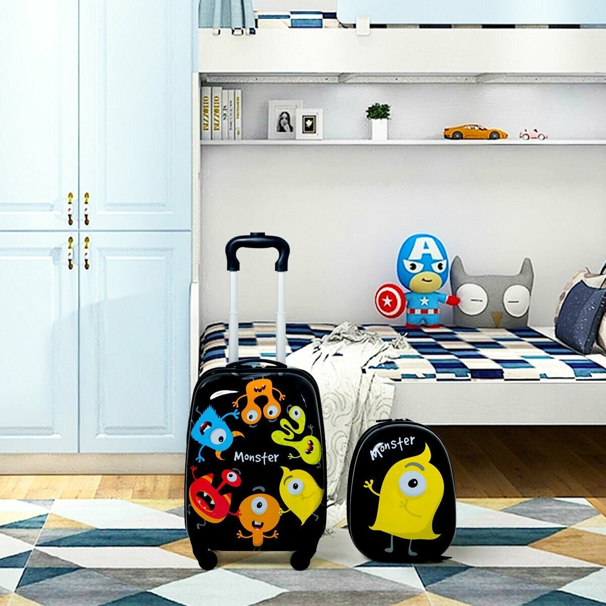 2 Pieces Kids Luggage Set 12 Inch Backpack and 16 Inch Rolling Suitcase, Black Kids Luggage   at Gallery Canada