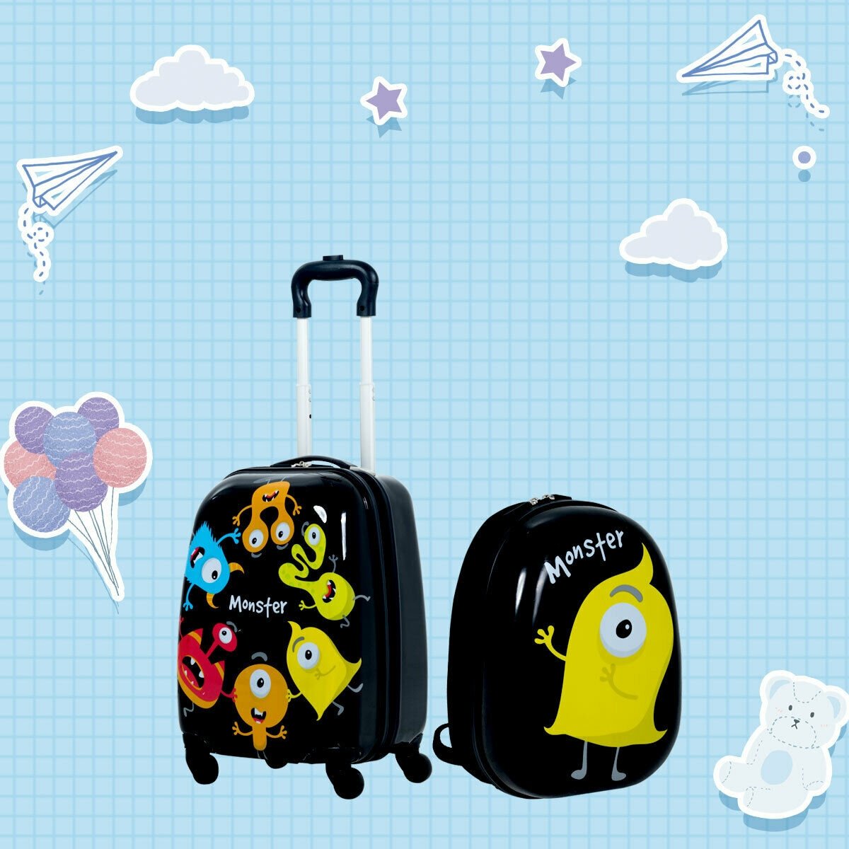 2 Pieces Kids Luggage Set 12 Inch Backpack and 16 Inch Rolling Suitcase, Black Kids Luggage   at Gallery Canada