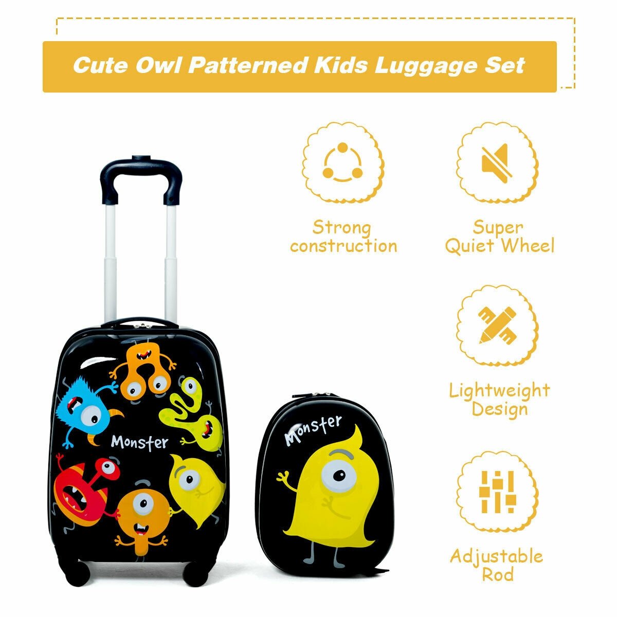 2 Pieces Kids Luggage Set 12 Inch Backpack and 16 Inch Rolling Suitcase, Black Kids Luggage   at Gallery Canada