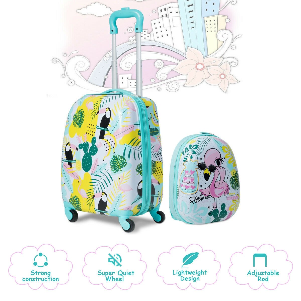 2 Pieces Kid's Luggage Set 12-inch Backpack and 16-inch Rolling Suitcase Travel, Multicolor Kids Luggage   at Gallery Canada