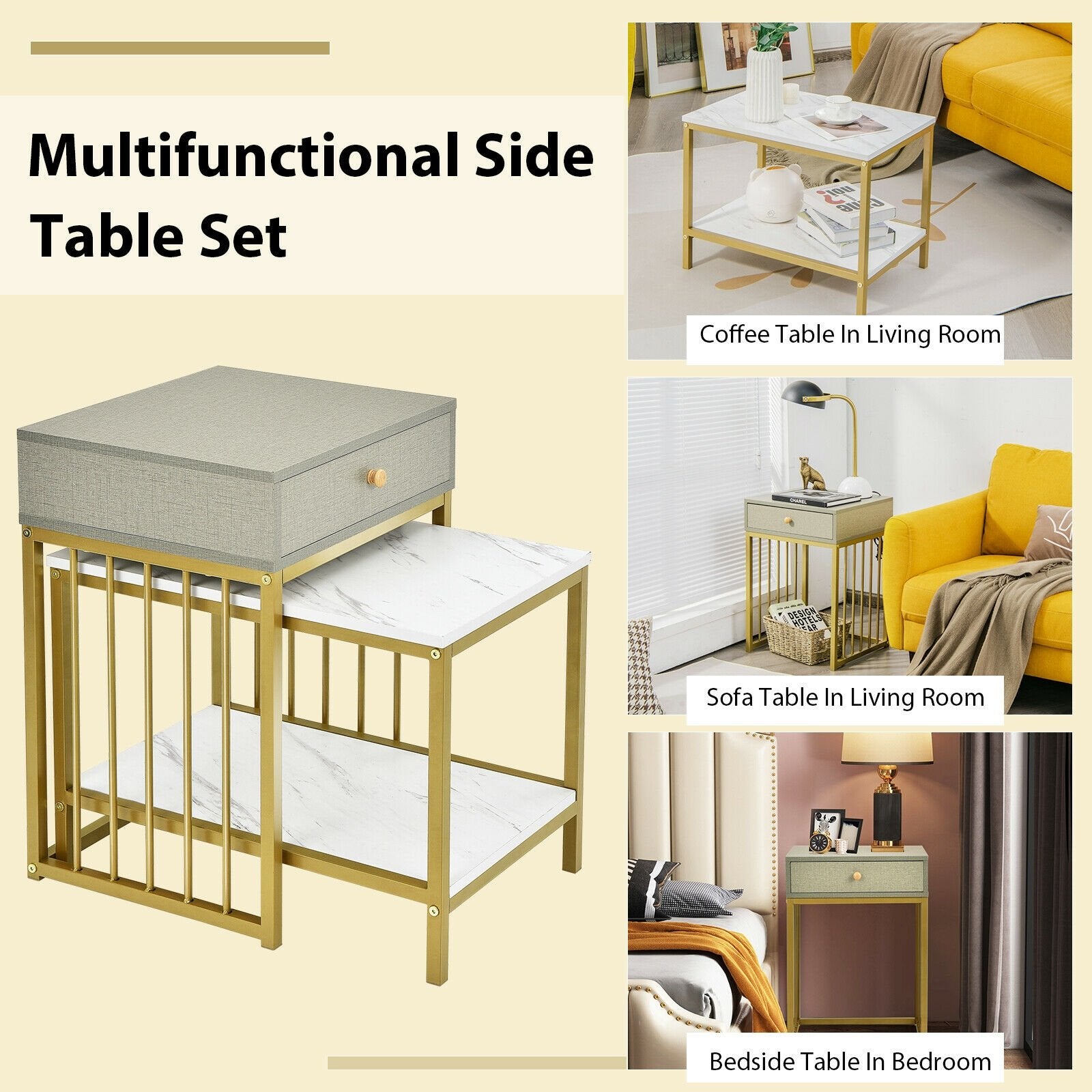 2 Pieces Modern Nesting Coffee Table Set with Drawer and Shelf, White Coffee Tables   at Gallery Canada