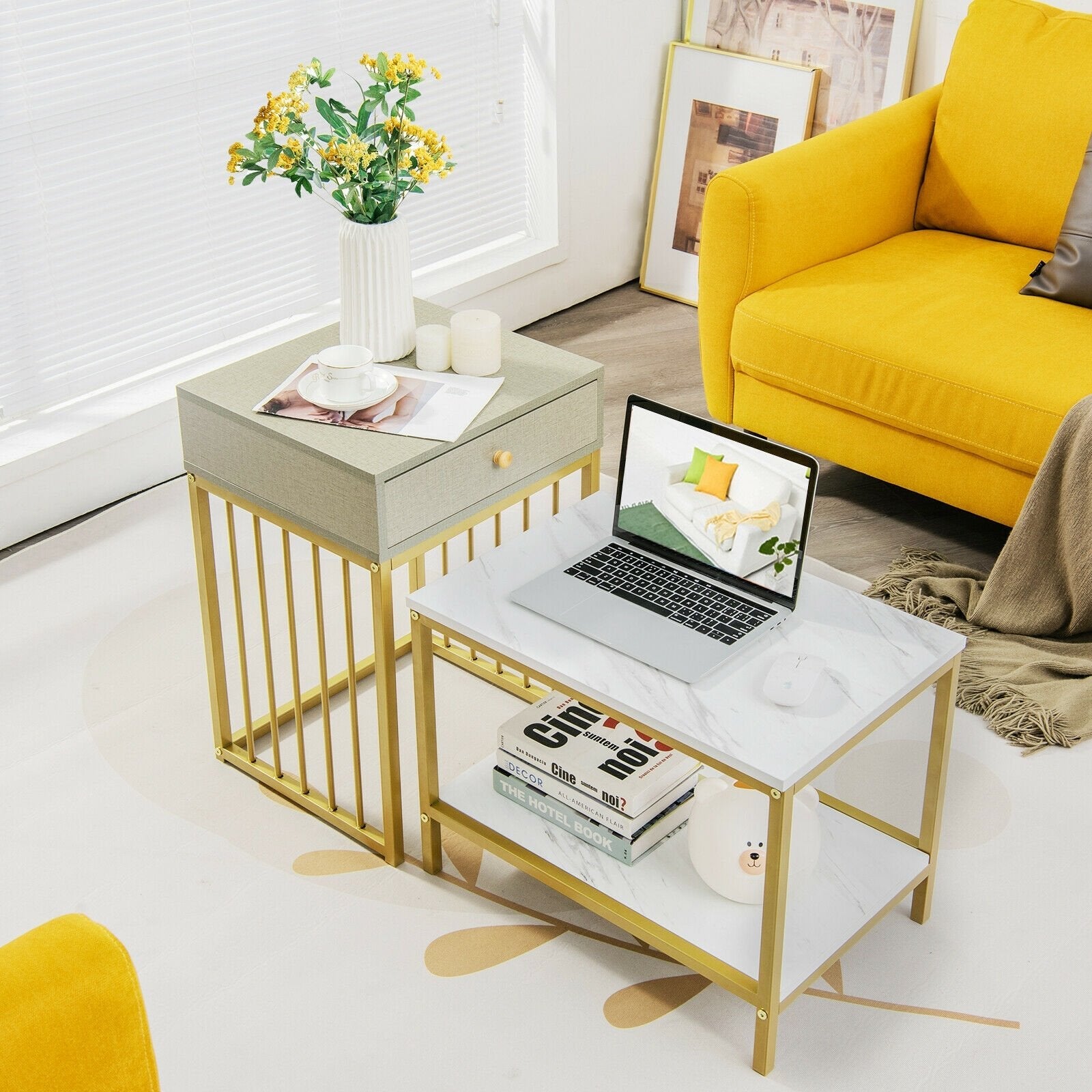 2 Pieces Modern Nesting Coffee Table Set with Drawer and Shelf, White Coffee Tables   at Gallery Canada