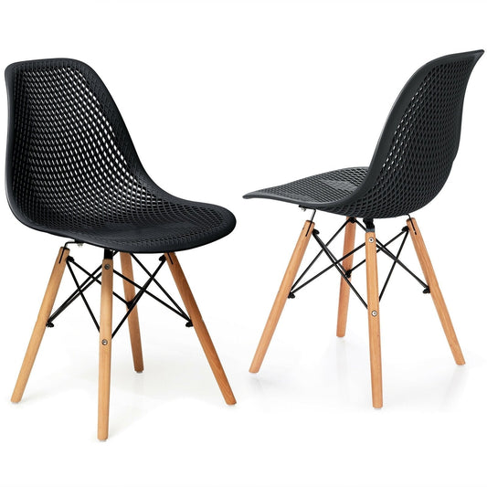 2 Pieces Modern Plastic Hollow Chair Set with Wood Leg, Black Dining Chairs   at Gallery Canada